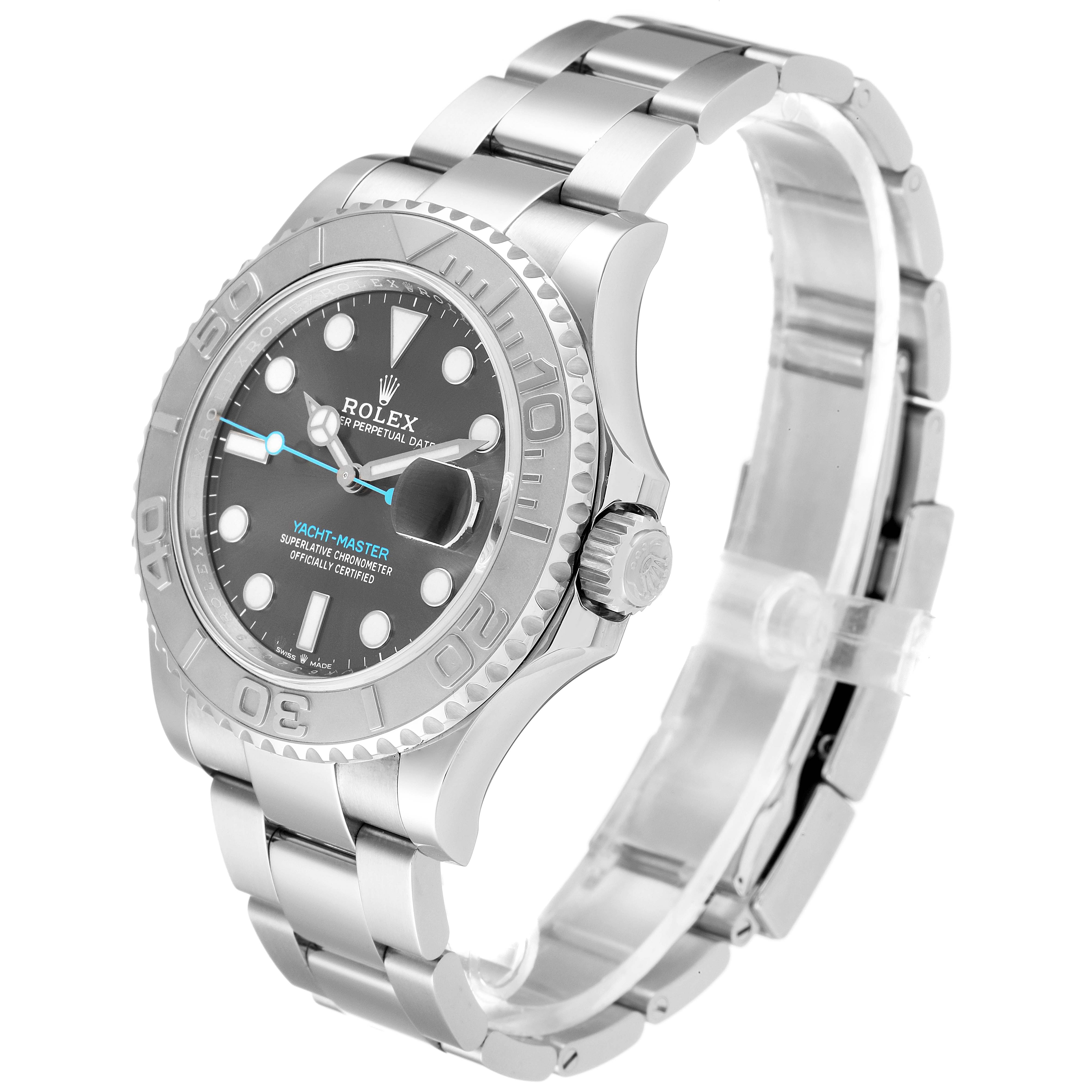 The image shows a side and angled view of the Rolex Yacht-Master 126622 Men's Stainless Steel Grey Dial 126622 Men's Stainless Steel Grey Dial watch, highlighting its bezel, crown, and bracelet.