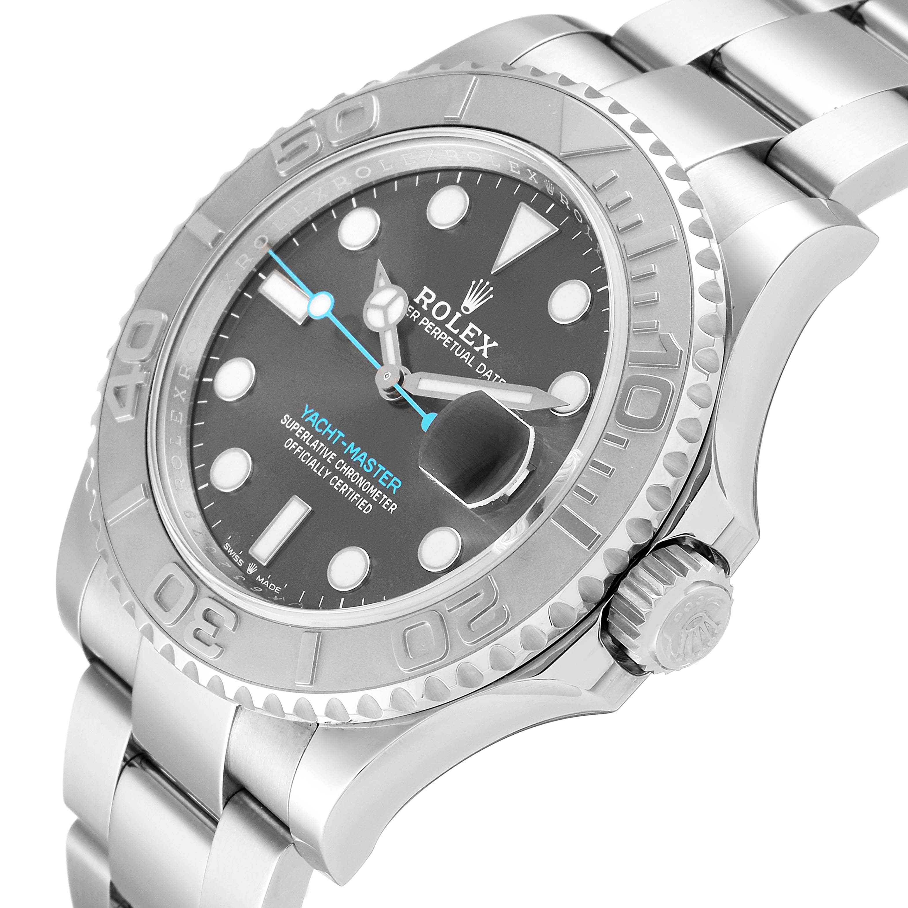 This image shows a close-up angled view of the Rolex Yacht-Master 126622 Men's Stainless Steel Grey Dial 126622 Men's Stainless Steel Grey Dial watch, highlighting the dial, bezel, and bracelet.