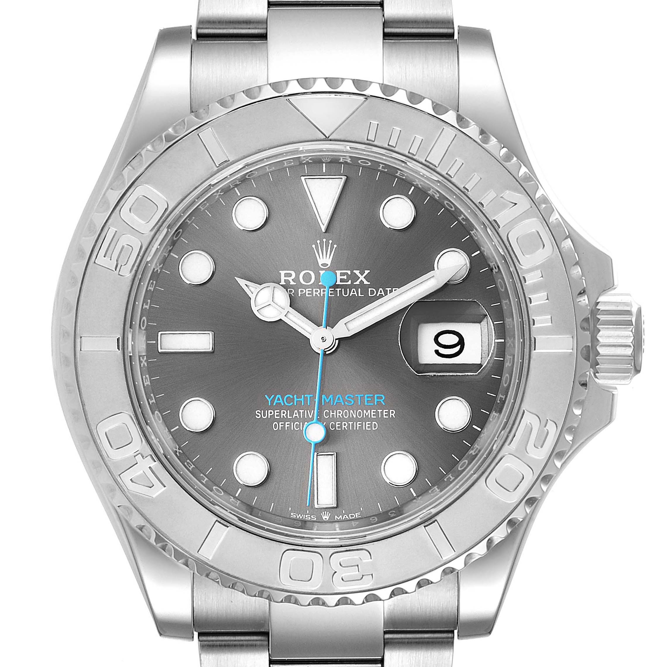 This image shows the frontal view of the Rolex Yacht-Master 126622 Men's Stainless Steel Grey Dial 126622 Men's Stainless Steel Grey Dial watch, highlighting its dial, bezel, and bracelet.