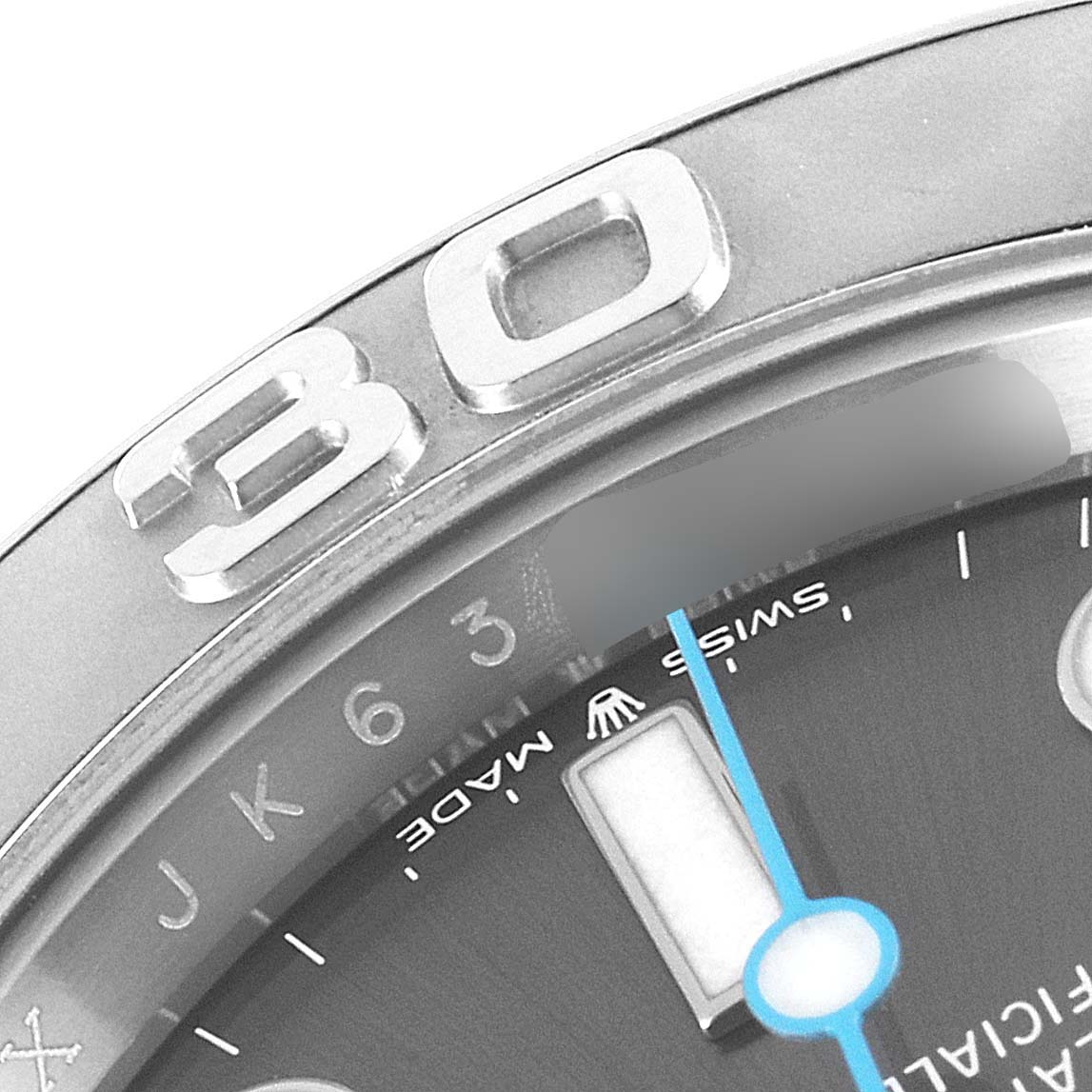 This image shows a close-up of the bezel, dial, and part of the minute hand of the Rolex Yacht-Master 126622 Men's Stainless Steel Grey Dial 126622 Men's Stainless Steel Grey Dial watch.