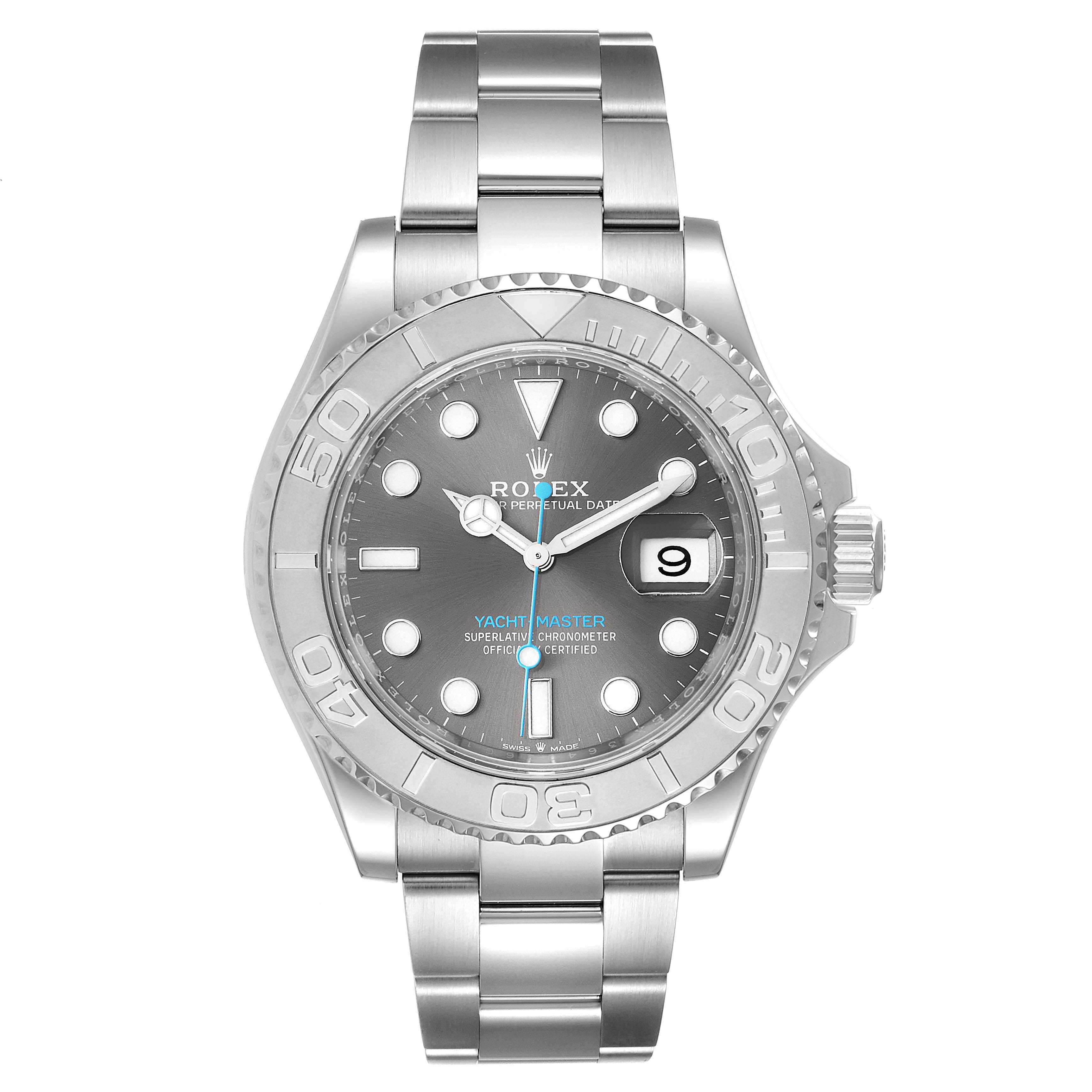 This image shows a front view of the Rolex Yacht-Master 126622 Men's Stainless Steel Grey Dial 126622 Men's Stainless Steel Grey Dial watch, displaying the dial, bezel, and bracelet.