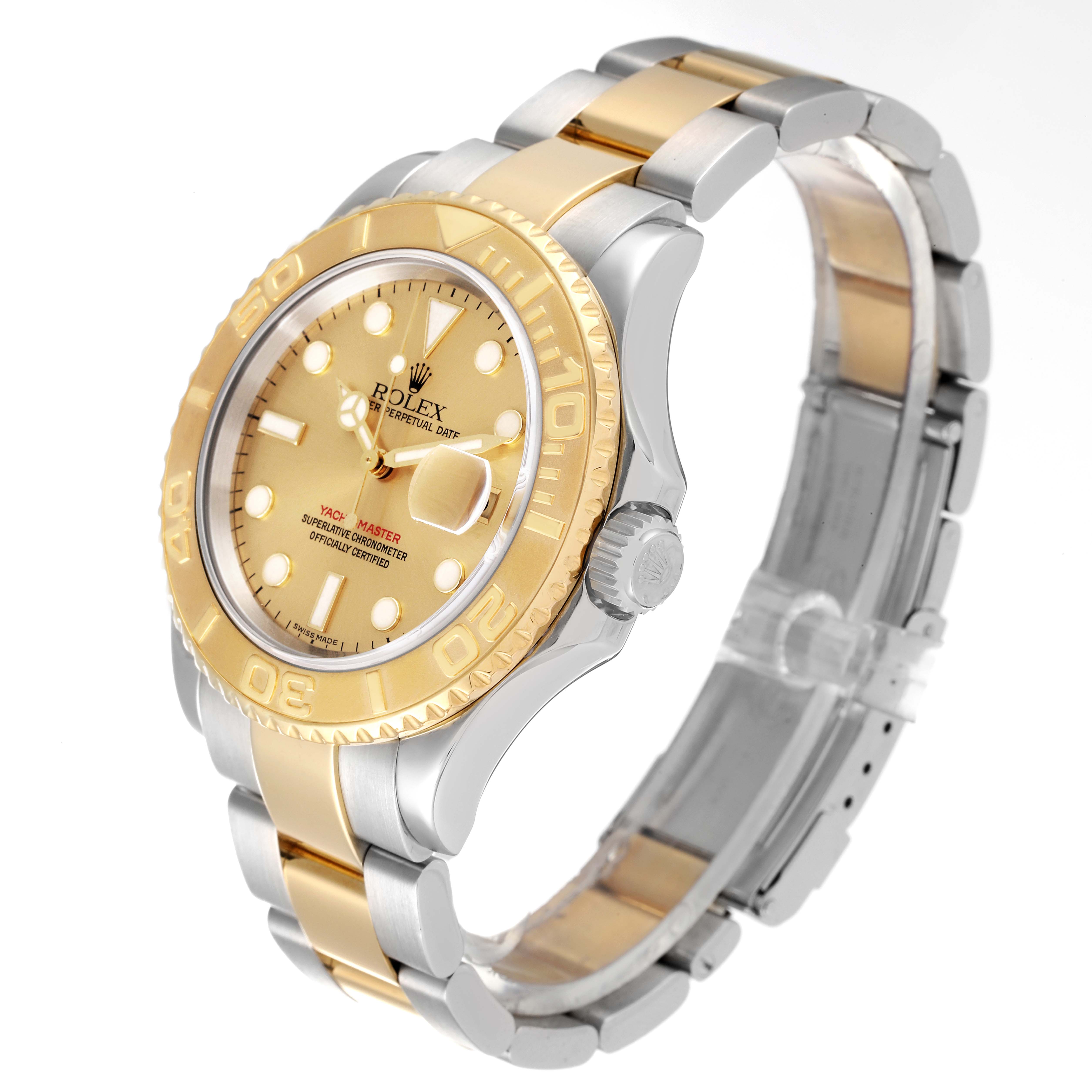 The image shows a side and front view of a Rolex Yacht-Master 16623 Men
s Steel and Gold (two tone) Champagne Dial 16623 Men
s Steel and Gold (two tone) Champagne Dial watch, featuring a two-tone bracelet and a gold bezel.