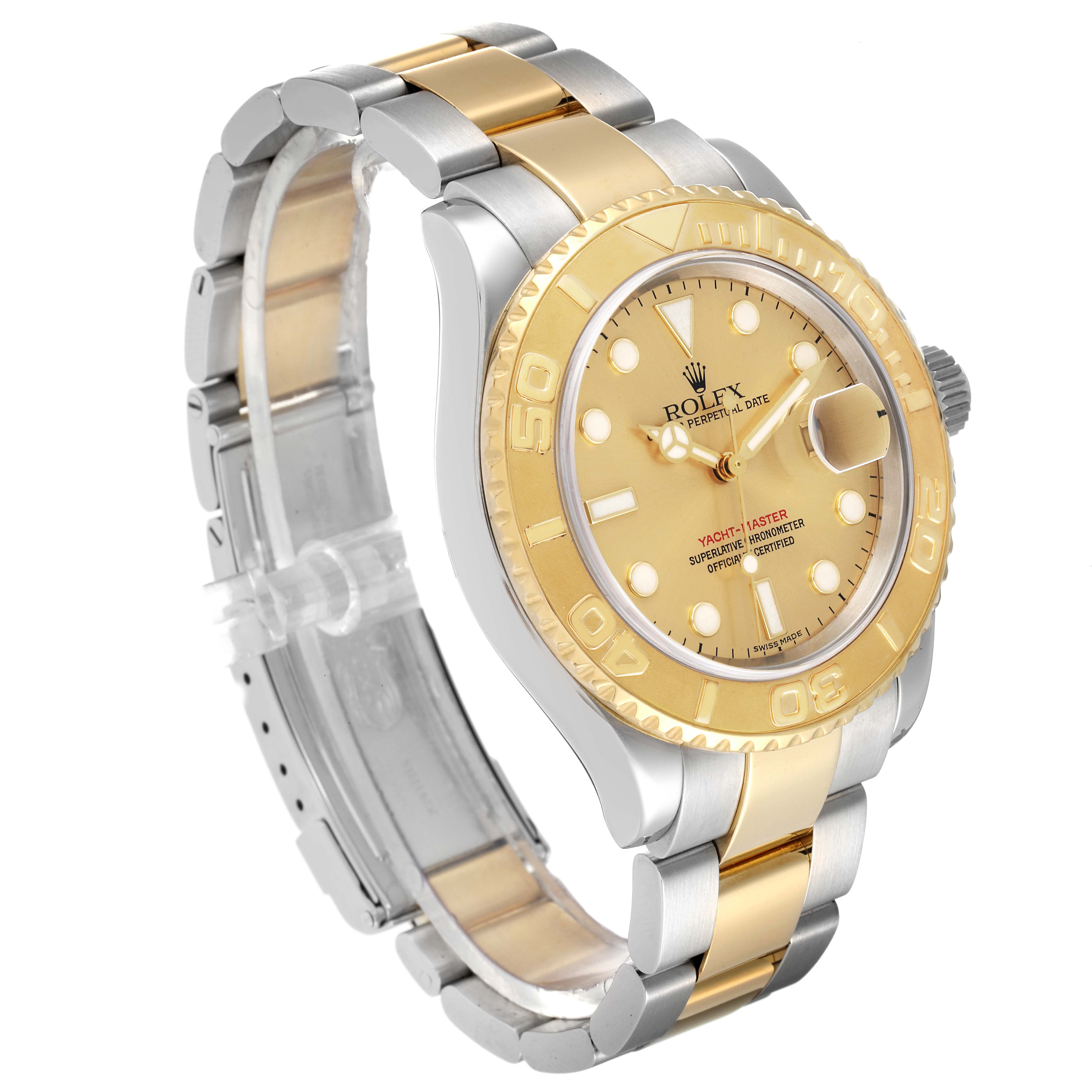 The image shows the Rolex Yacht-Master 16623 Men
s Steel and Gold (two tone) Champagne Dial 16623 Men
s Steel and Gold (two tone) Champagne Dial watch at a three-quarter angle, highlighting the bezel, dial, and part of the bracelet.