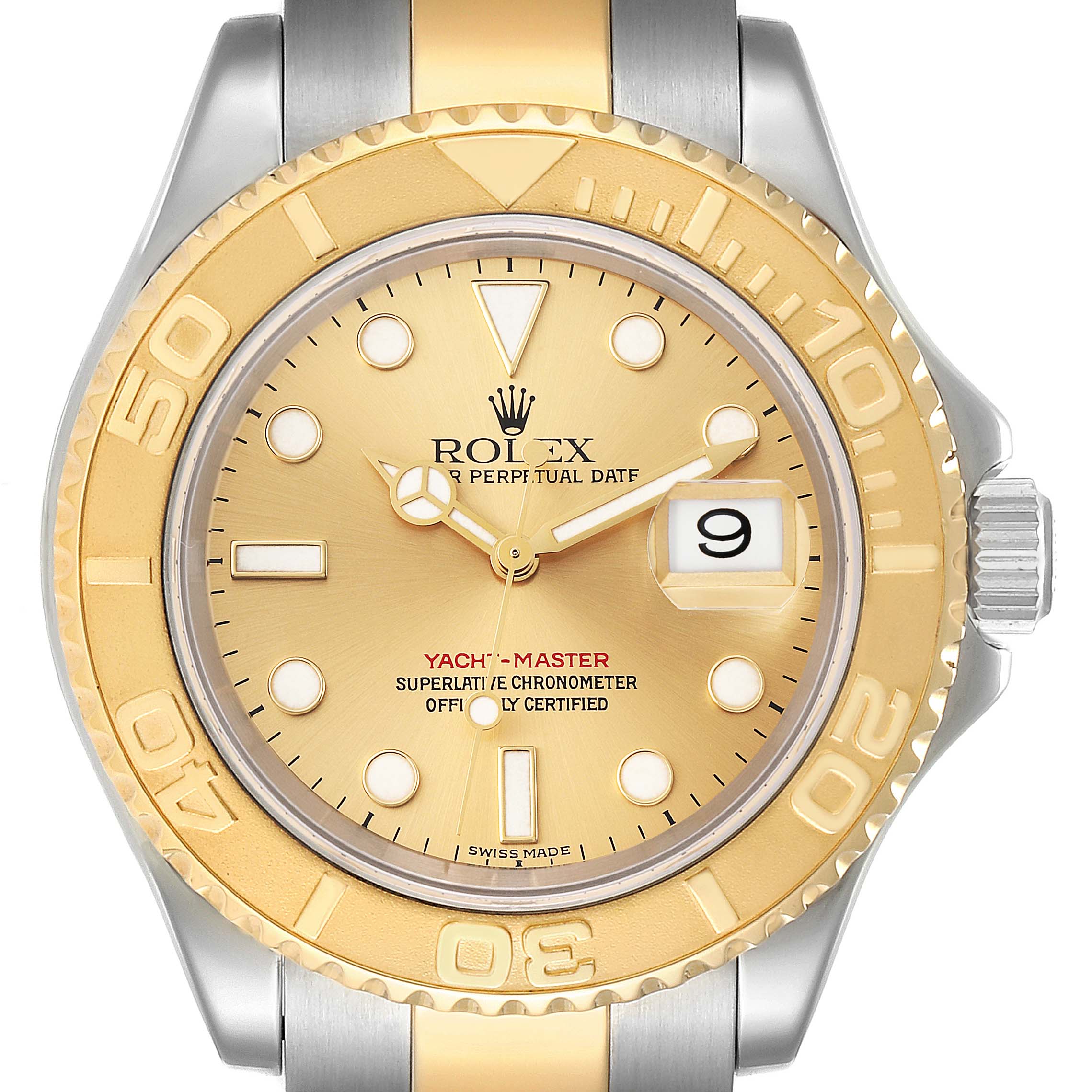 The image shows a front view of a Rolex Yacht-Master 16623 Men
s Steel and Gold (two tone) Champagne Dial 16623 Men
s Steel and Gold (two tone) Champagne Dial watch, including the bezel, face, hands, and crown.