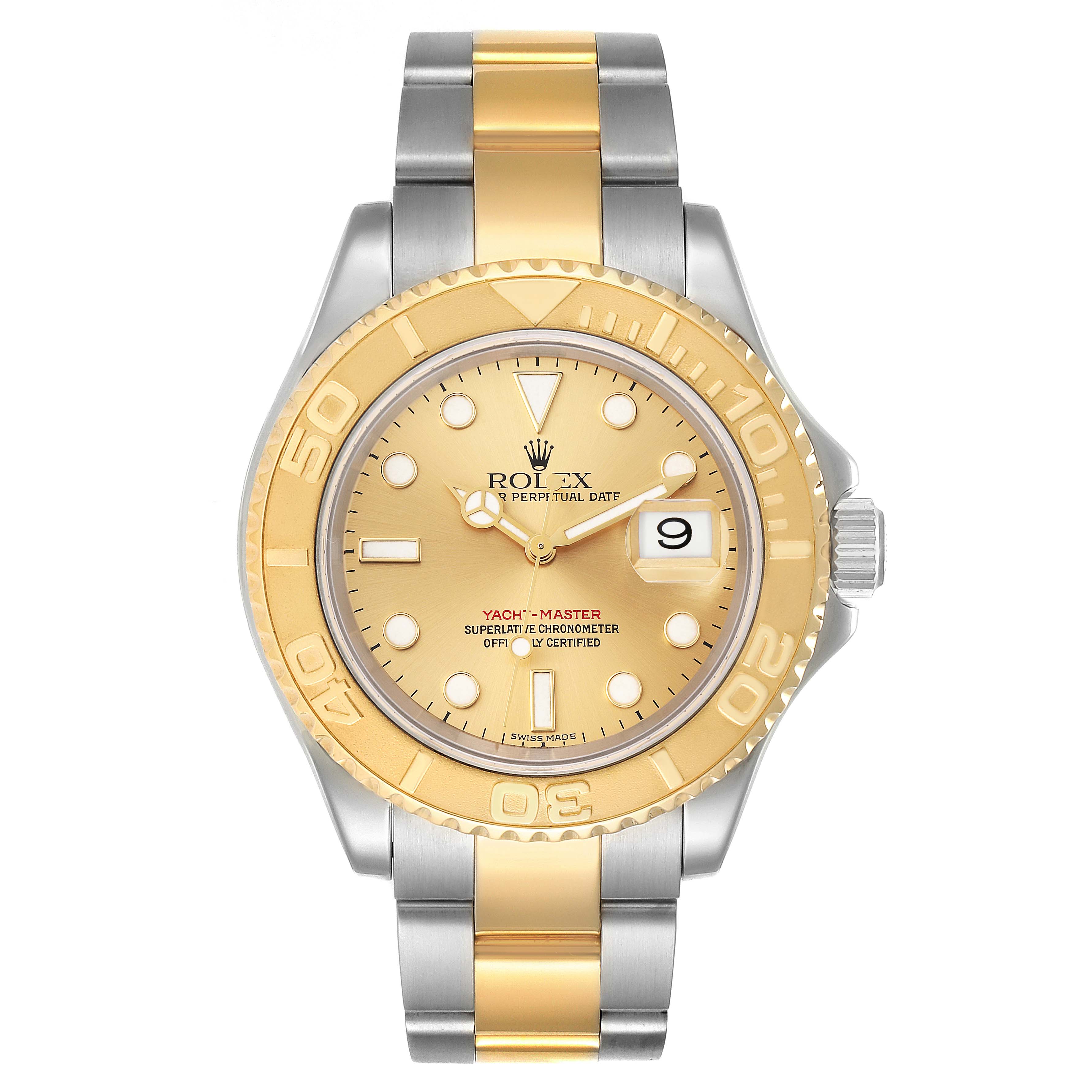 The Rolex Yacht-Master 16623 Men
s Steel and Gold (two tone) Champagne Dial 16623 Men
s Steel and Gold (two tone) Champagne Dial watch is shown from a straight-on angle, displaying the dial, bezel, bracelet, and crown.