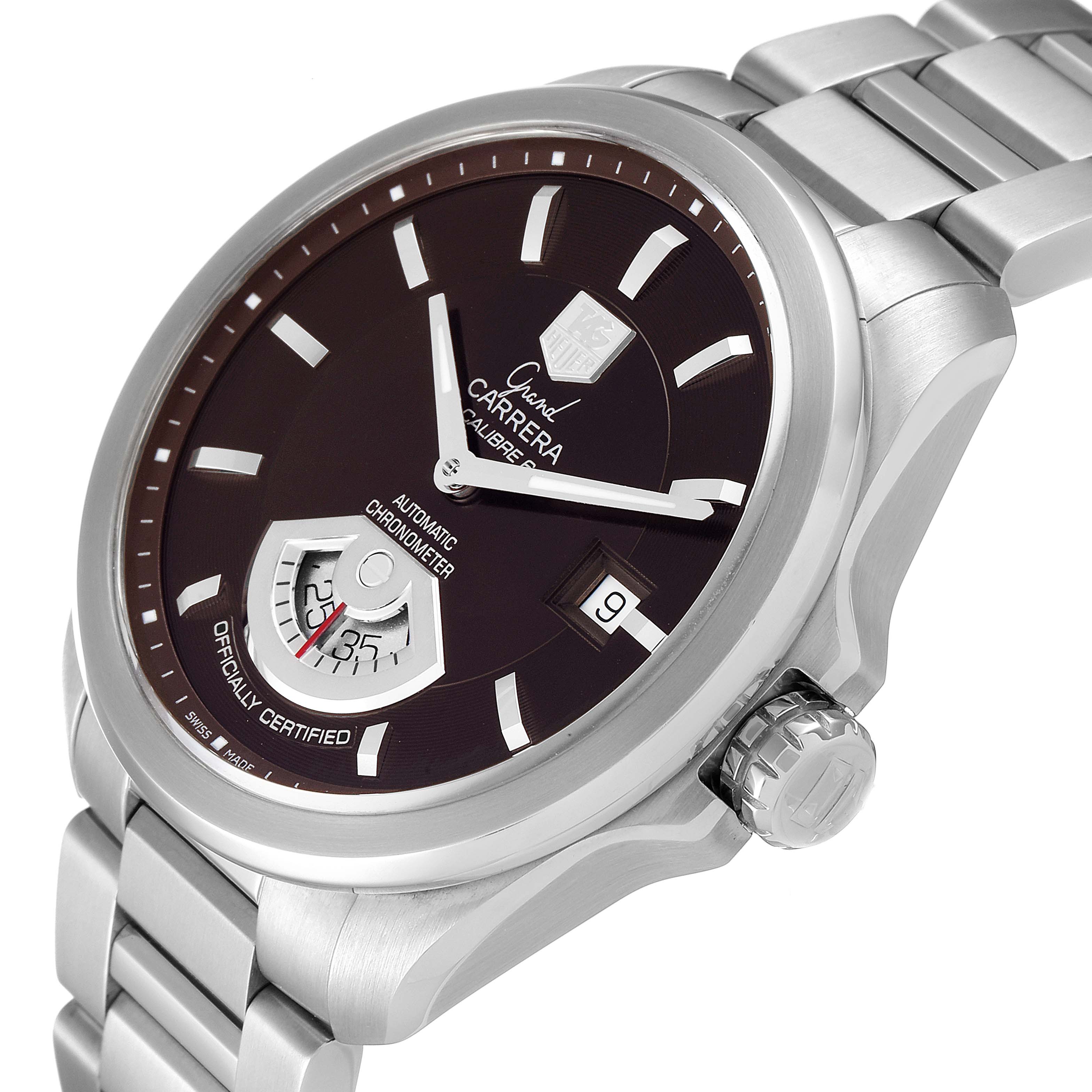 The image shows a Carrera model watch by Tag Heuer from a three-quarter angle, displaying its face, bezel, crown, and part of the bracelet.