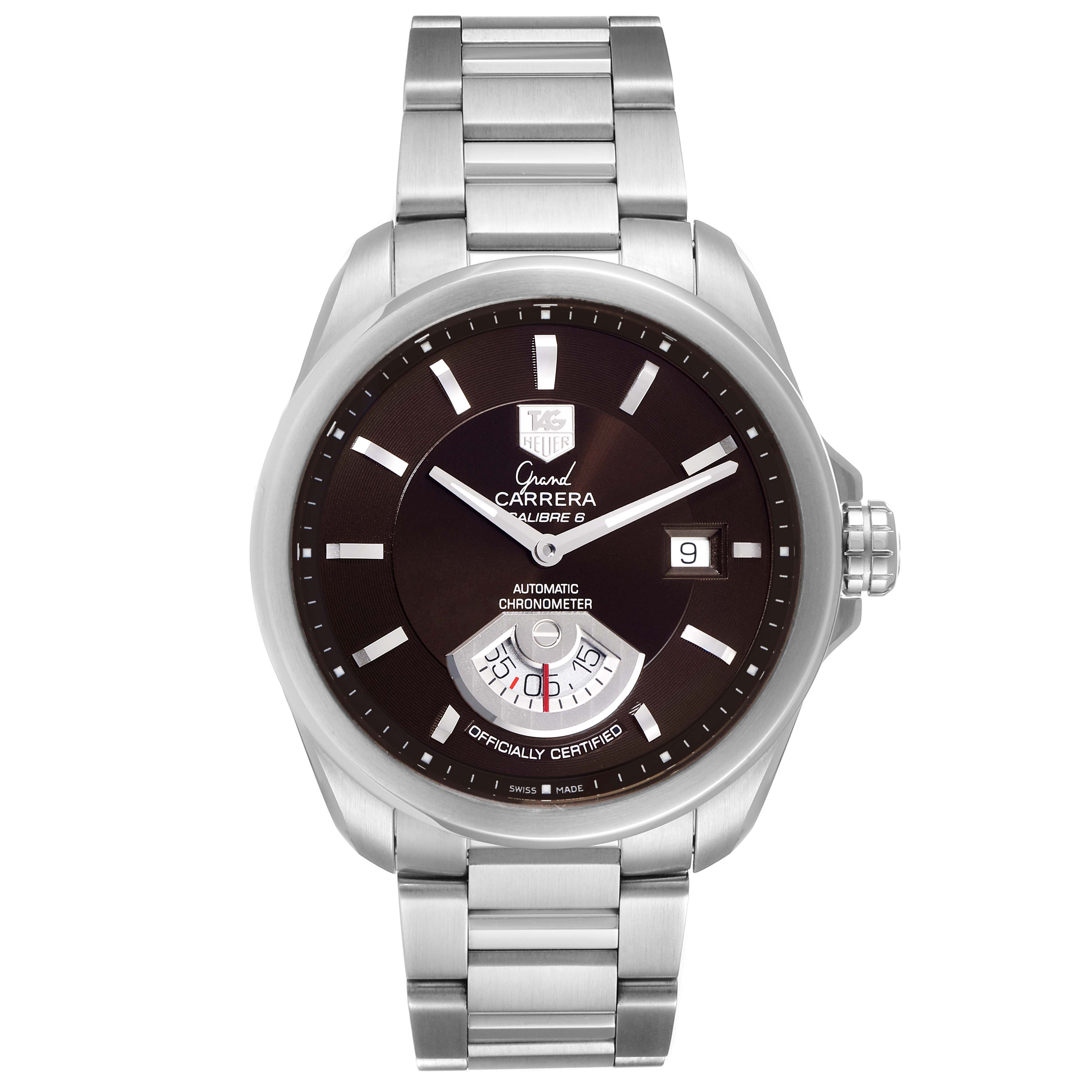 The image shows a front view of the Tag Heuer Carrera WAV511C.BA0900 Men's Stainless Steel Brown Dial WAV511C.BA0900 Men's Stainless Steel Brown Dial watch, featuring a metal band and a black dial.
