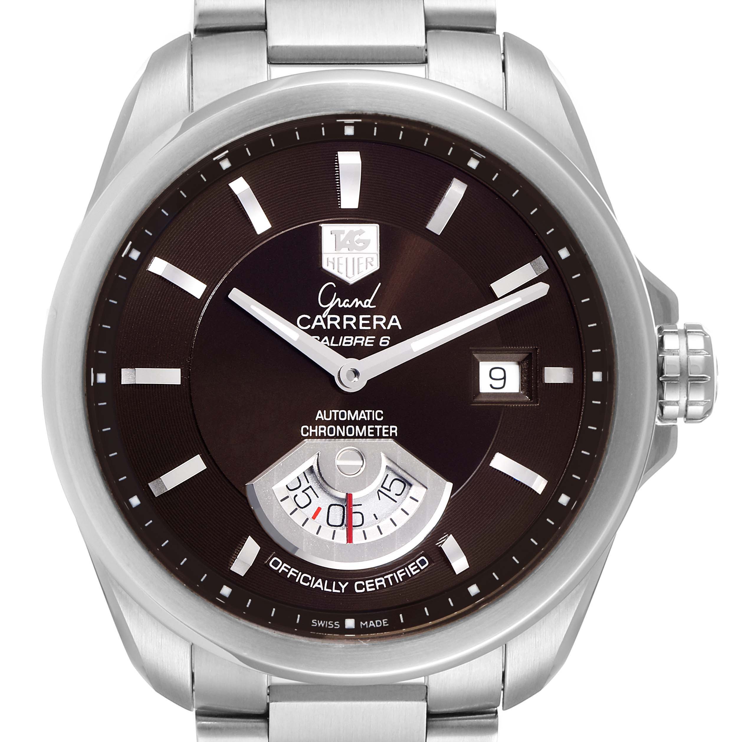 The image shows a front view of a Tag Heuer Carrera WAV511C.BA0900 Men's Stainless Steel Brown Dial WAV511C.BA0900 Men's Stainless Steel Brown Dial watch, highlighting the dial, hands, sub-dial, and date window.