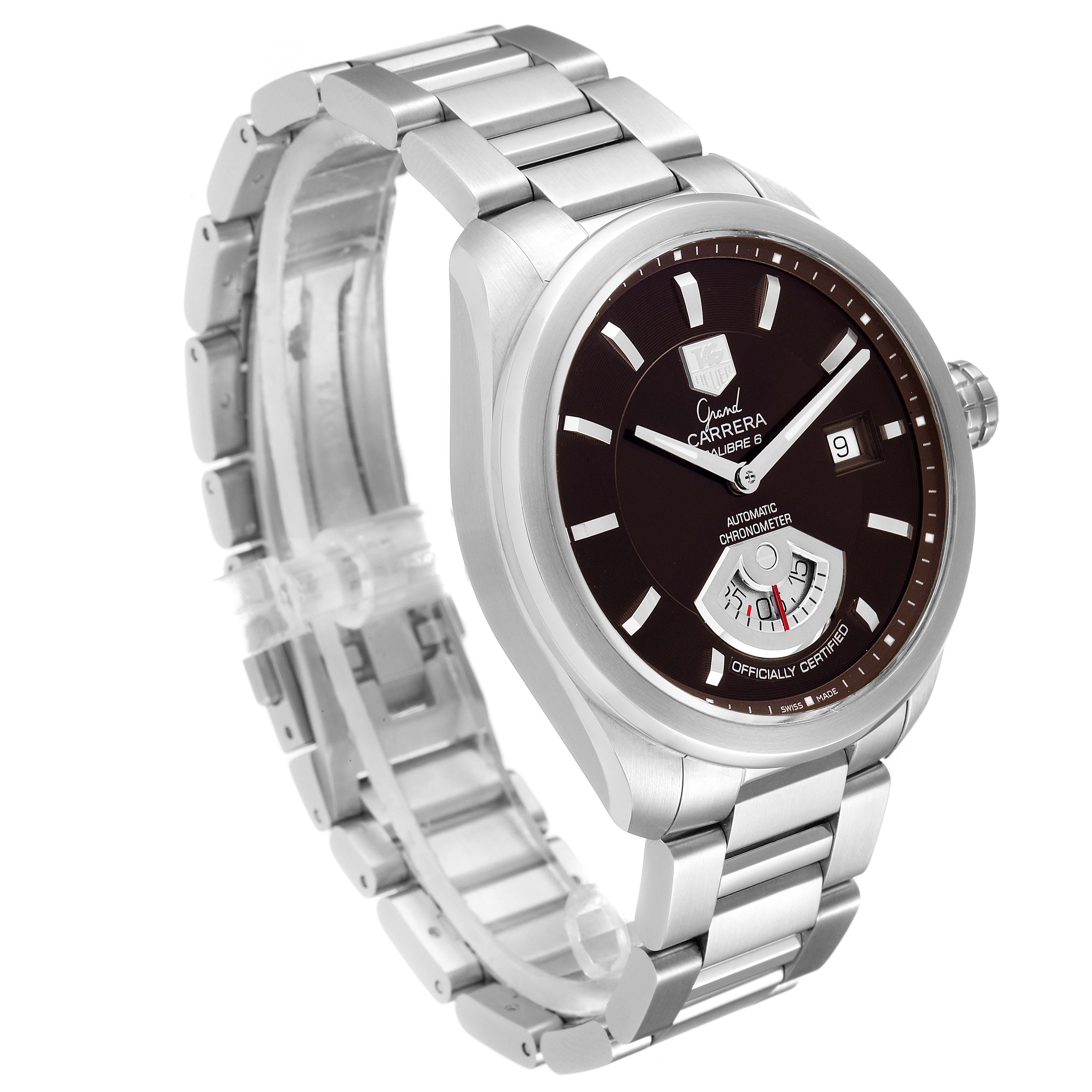 The Tag Heuer Carrera WAV511C.BA0900 Men's Stainless Steel Brown Dial WAV511C.BA0900 Men's Stainless Steel Brown Dial watch is shown at an angle displaying the face, steel bracelet, crown, and date window.