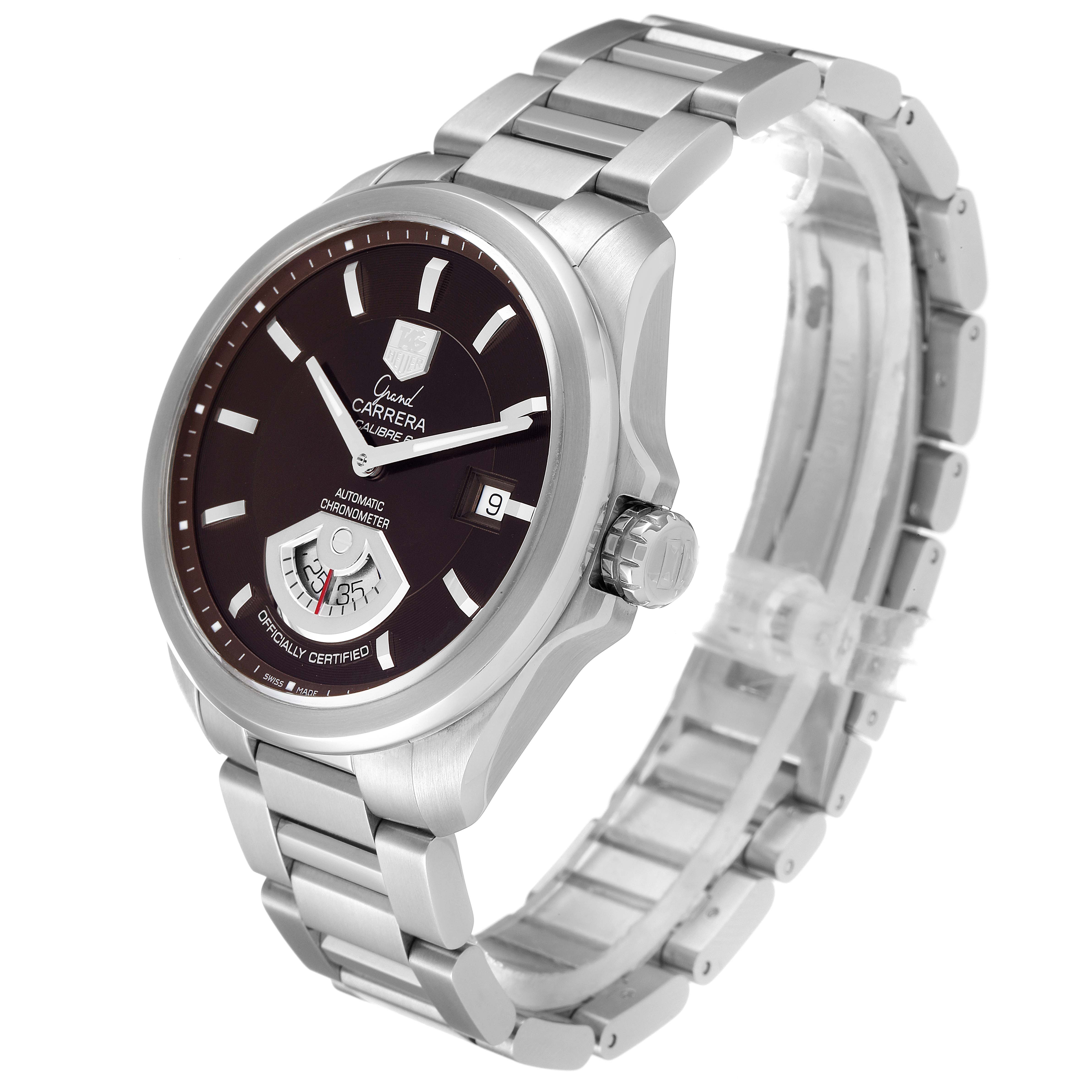 The Tag Heuer Carrera WAV511C.BA0900 Men's Stainless Steel Brown Dial WAV511C.BA0900 Men's Stainless Steel Brown Dial model watch is shown at an angle displaying the watch face, crown, and metal bracelet.