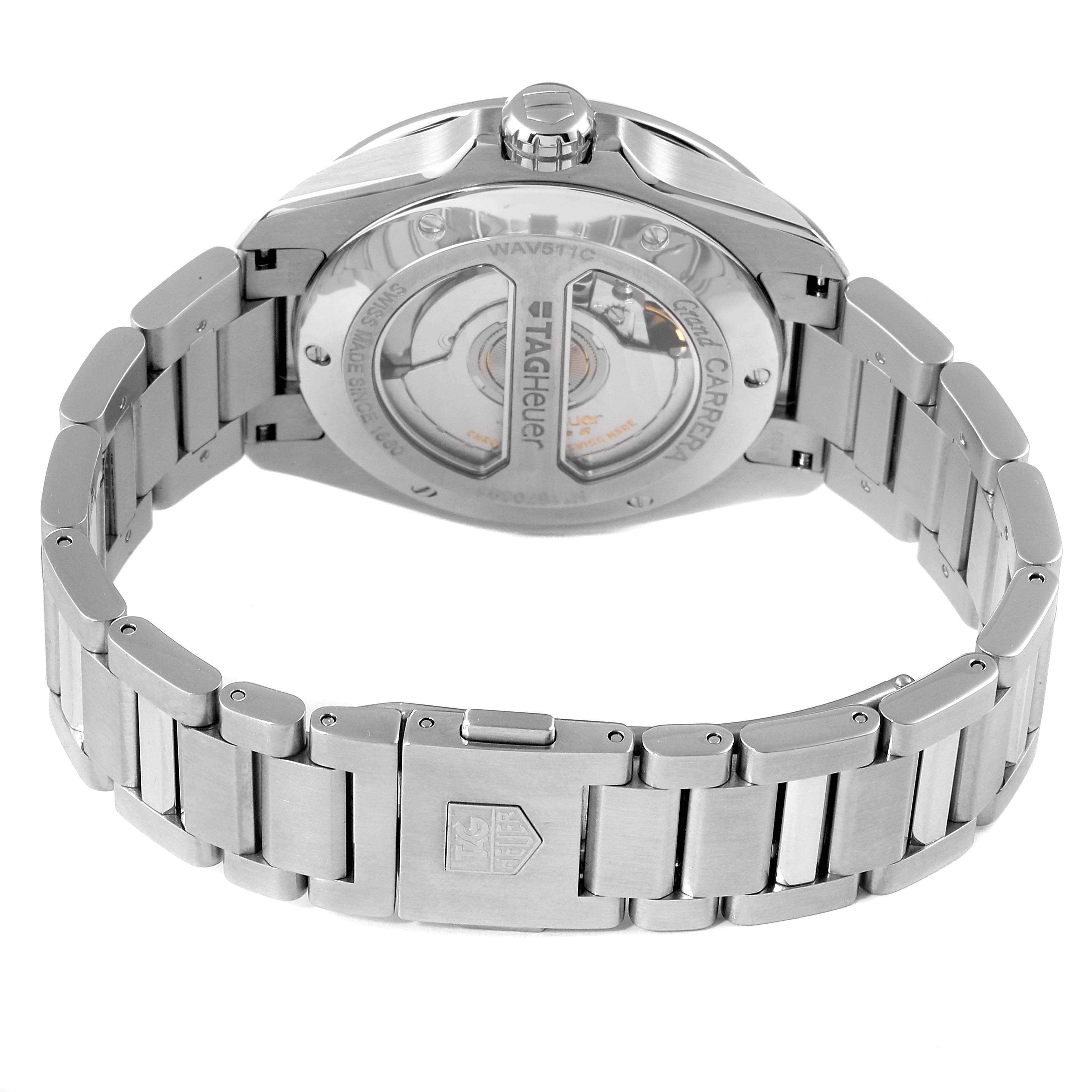 This image shows the back case and metal bracelet of a Tag Heuer Carrera WAV511C.BA0900 Men's Stainless Steel Brown Dial WAV511C.BA0900 Men's Stainless Steel Brown Dial model watch.