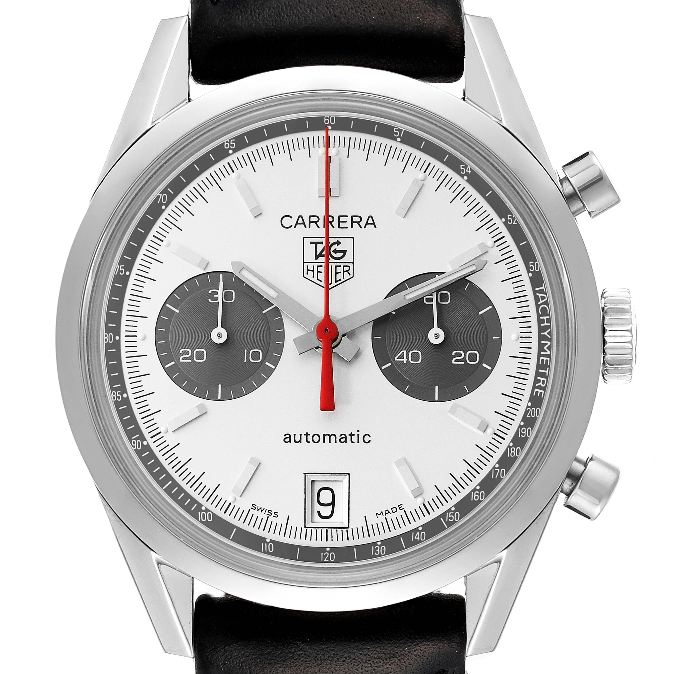 The image shows a front view of the Tag Heuer Carrera Limited Edition with a white dial, date window, and two sub-dials.