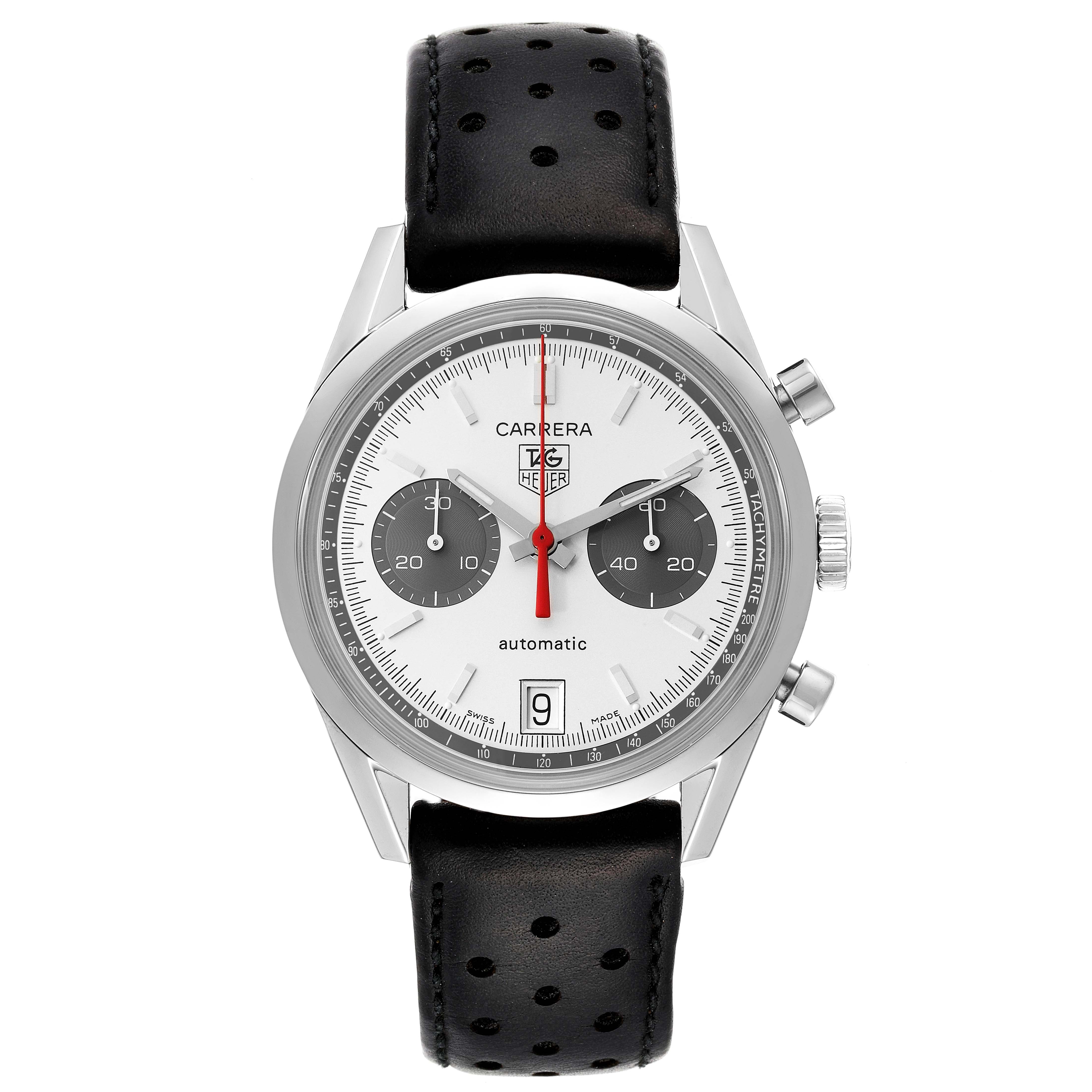 The image shows a front angle of the Tag Heuer Carrera watch, highlighting its face, buttons, and black leather strap.
