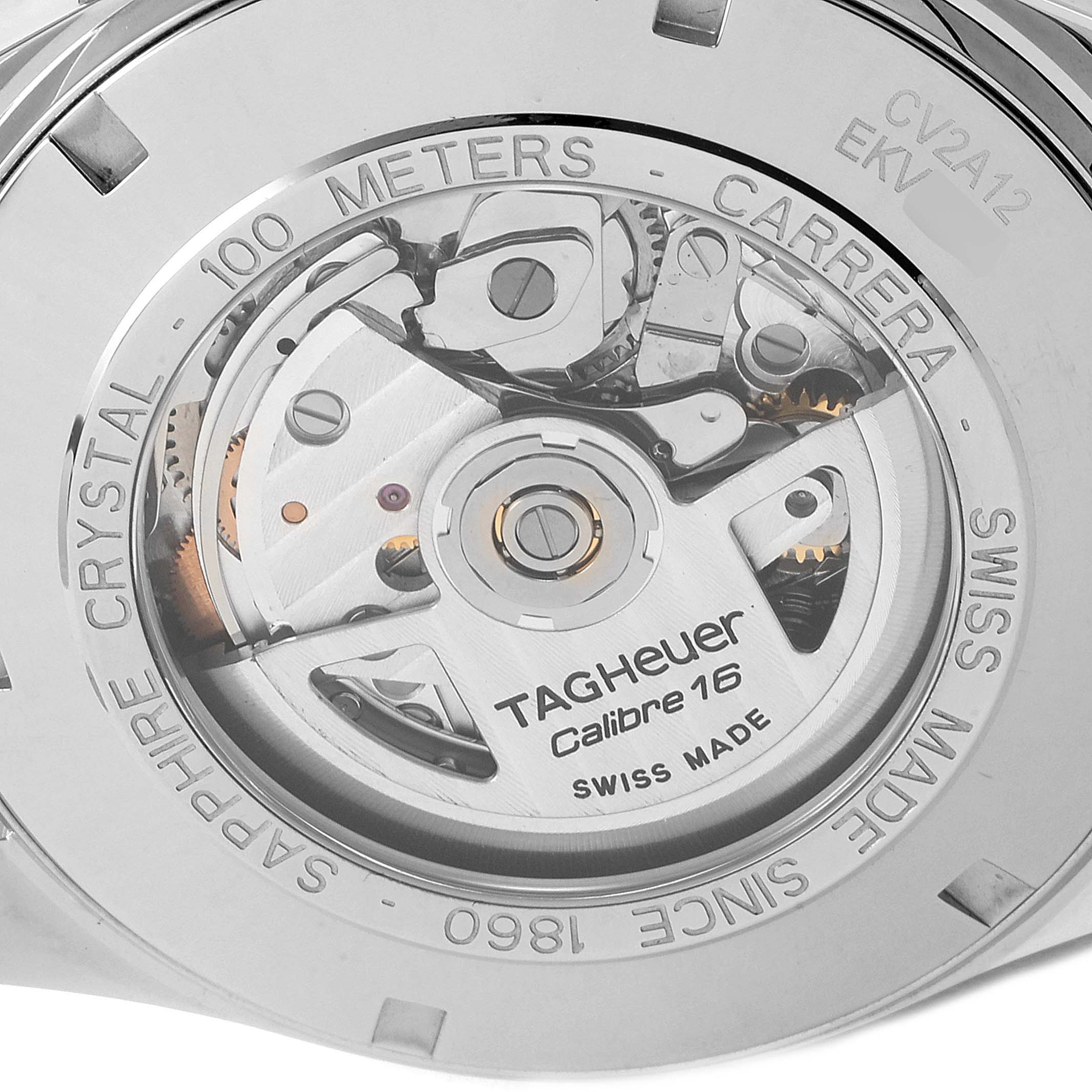 The image shows the back of the Tag Heuer Carrera CV2A12.FC6236 Men's Stainless Steel Brown Dial CV2A12.FC6236 Men's Stainless Steel Brown Dial watch, highlighting its exposed Calibre 16 movement and inscriptions.