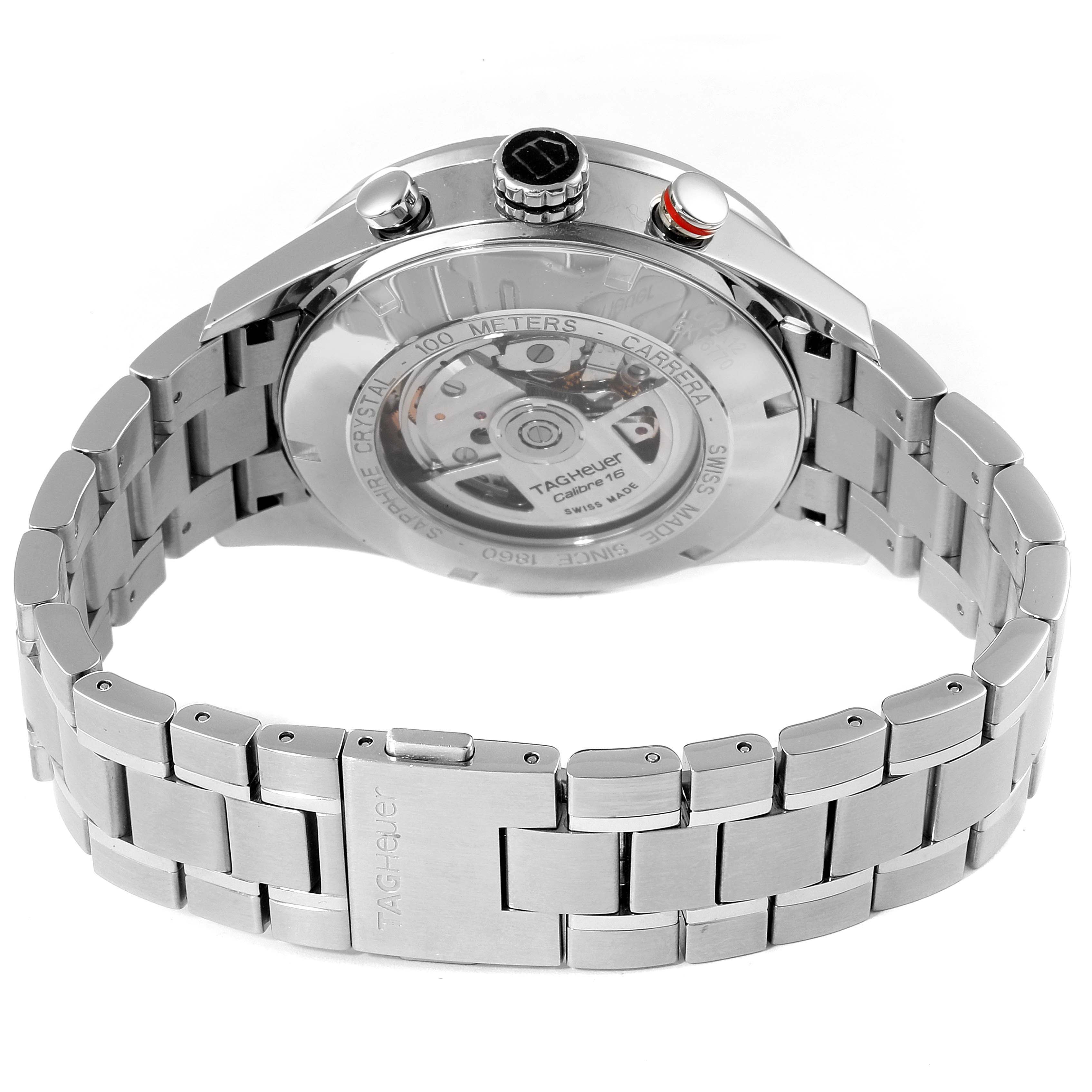 The image shows the back angle of a Tag Heuer Carrera CV2A12.FC6236 Men's Stainless Steel Brown Dial CV2A12.FC6236 Men's Stainless Steel Brown Dial watch, highlighting the transparent case back and metal bracelet.