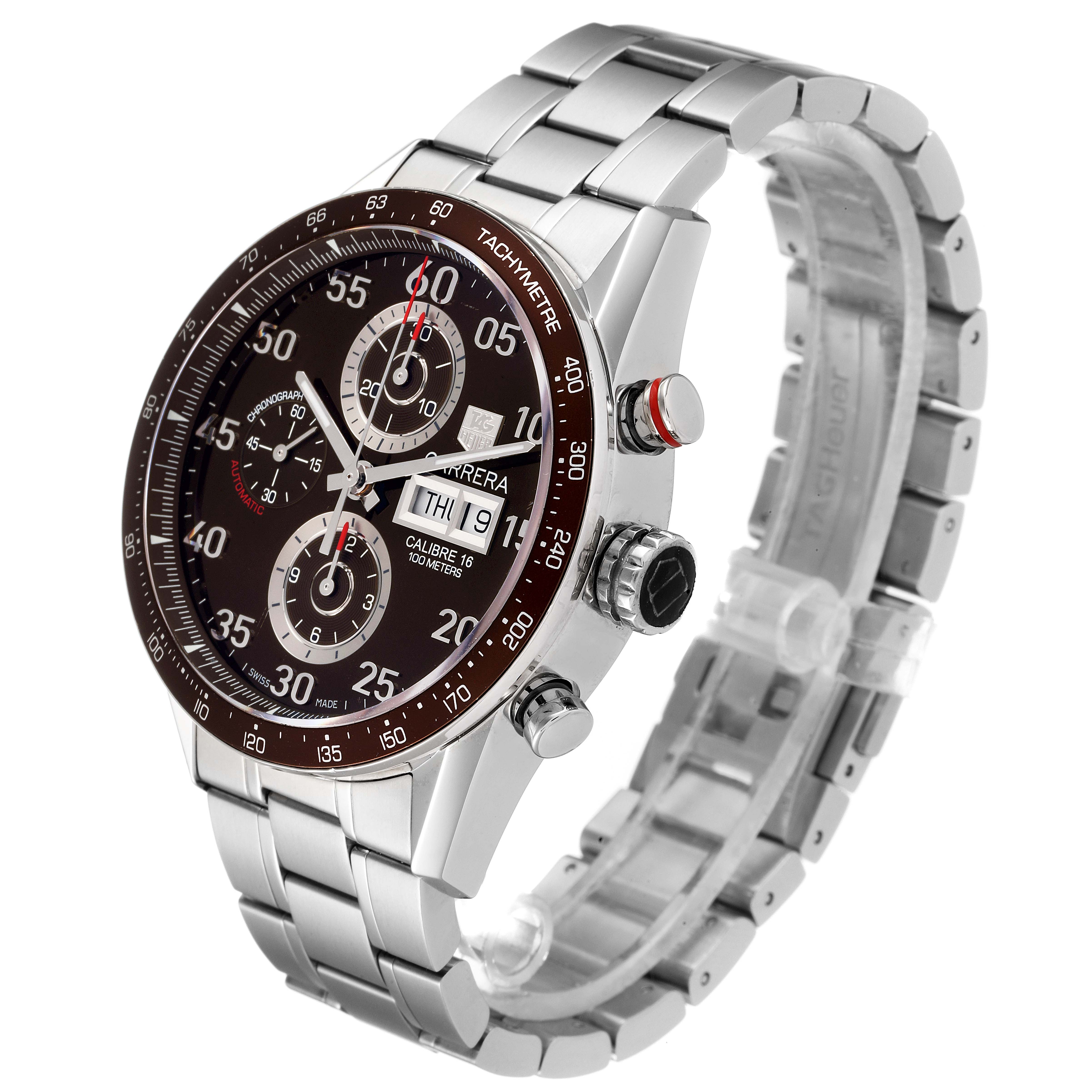 The image shows a side angle view of the Tag Heuer Carrera CV2A12.FC6236 Men's Stainless Steel Brown Dial CV2A12.FC6236 Men's Stainless Steel Brown Dial watch, highlighting its face, bezel, and metal bracelet.