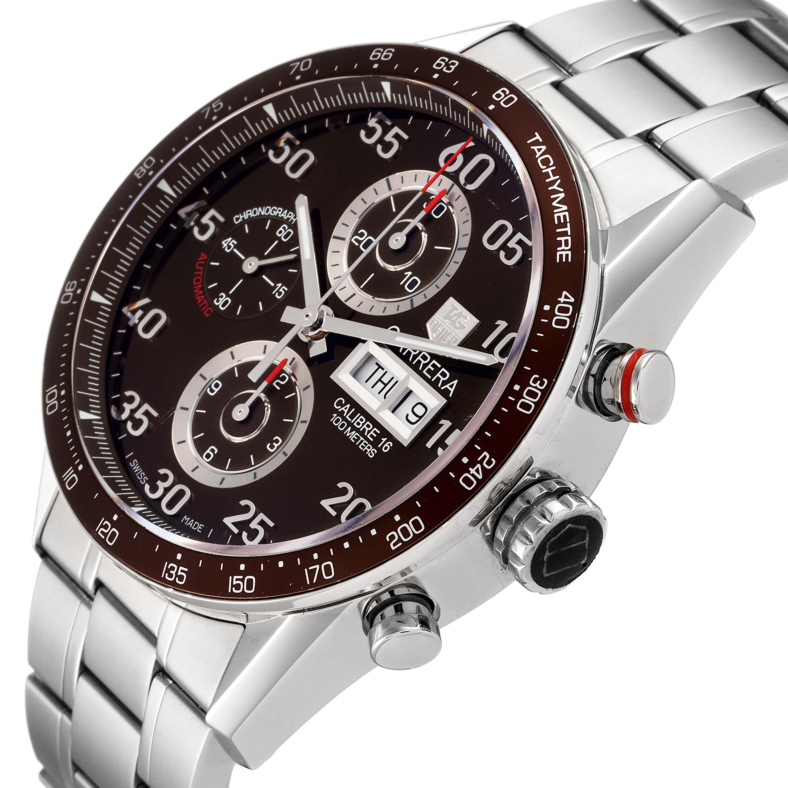 The image shows a close-up, angled view of a Tag Heuer Carrera CV2A12.FC6236 Men's Stainless Steel Brown Dial CV2A12.FC6236 Men's Stainless Steel Brown Dial watch, highlighting its dial, subdials, date window, and metal bracelet.
