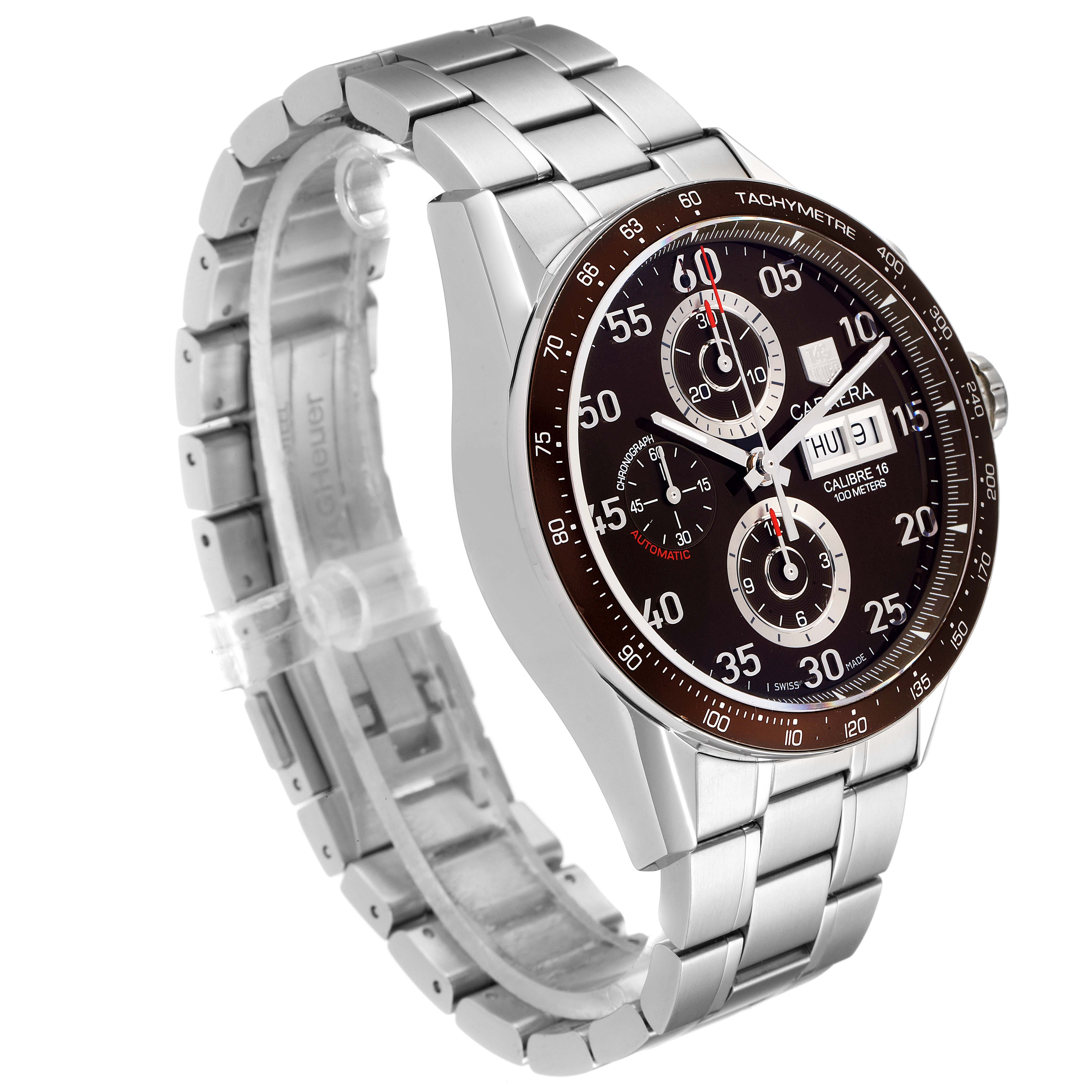 This image shows a Tag Heuer Carrera CV2A12.FC6236 Men's Stainless Steel Brown Dial CV2A12.FC6236 Men's Stainless Steel Brown Dial watch at a 3/4 angle, highlighting the dial, bezel, and stainless steel bracelet.