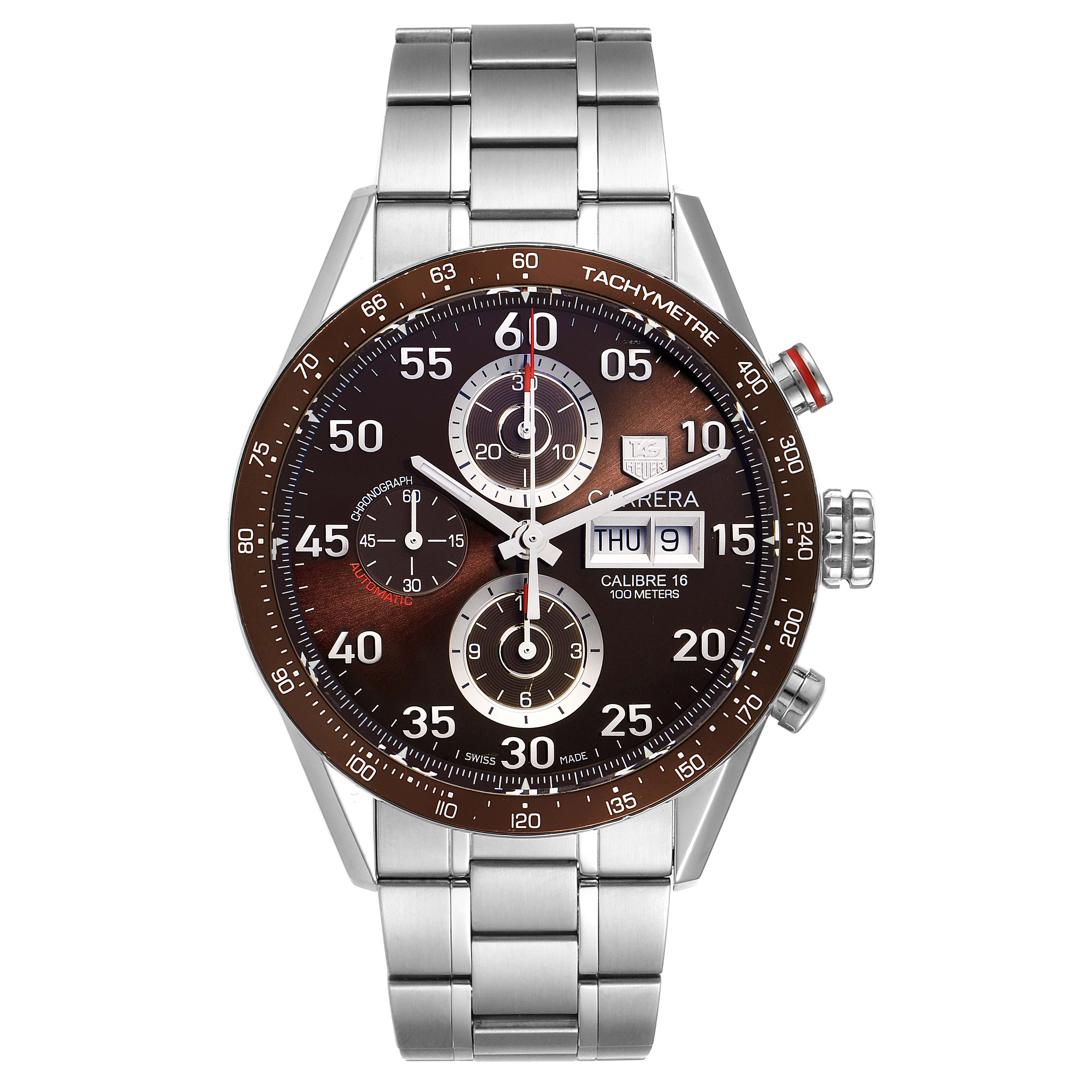 The image shows a front view of the Tag Heuer Carrera CV2A12.FC6236 Men's Stainless Steel Brown Dial CV2A12.FC6236 Men's Stainless Steel Brown Dial watch featuring its dial, chronograph, date display, bezel, and bracelet.