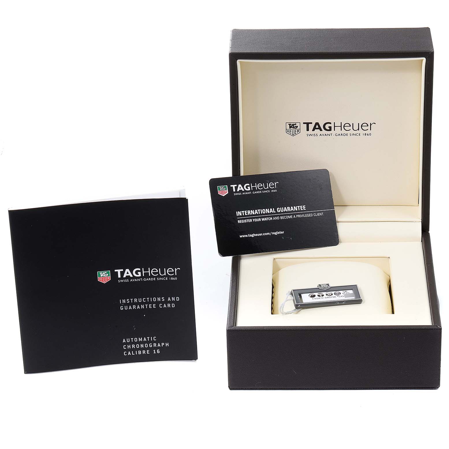 The image shows a Tag Heuer Carrera CV2A12.FC6236 Men's Stainless Steel Brown Dial CV2A12.FC6236 Men's Stainless Steel Brown Dial watch box, international guarantee card, and instruction manual from a top-down angle.