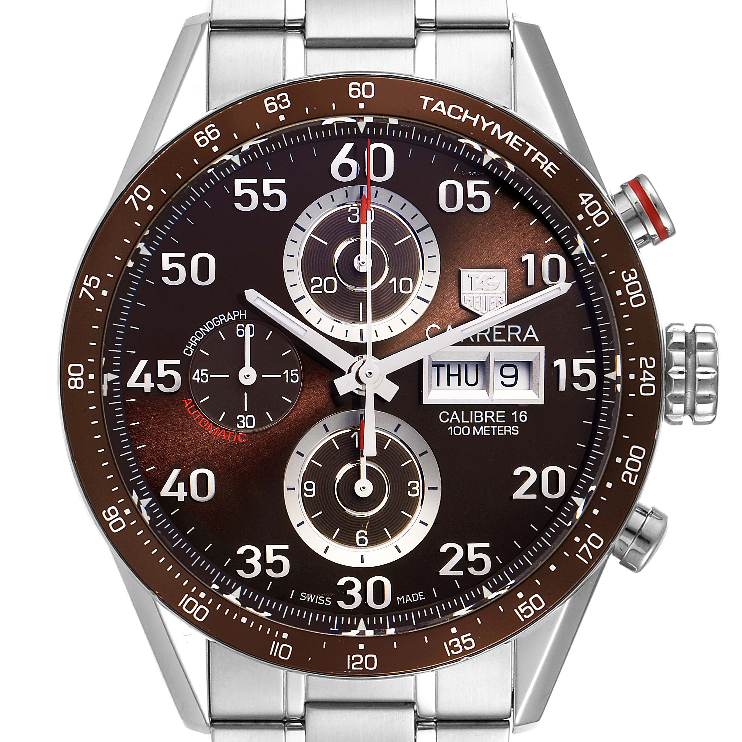 The image shows a frontal view of the Tag Heuer Carrera CV2A12.FC6236 Men's Stainless Steel Brown Dial CV2A12.FC6236 Men's Stainless Steel Brown Dial watch, highlighting the dial, bezel, subdials, and date display.