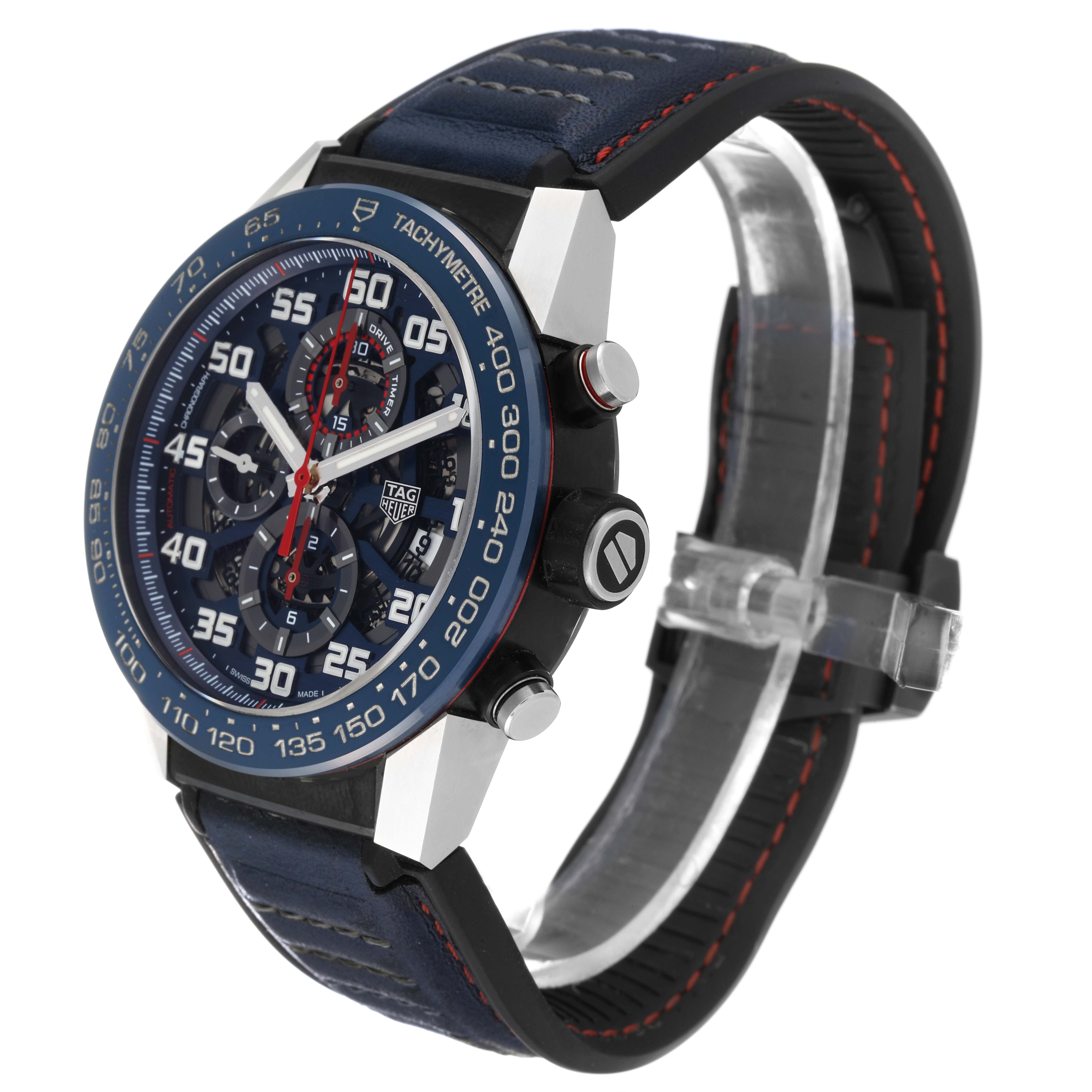 This image shows a side angle of a Tag Heuer Carrera CAR2A1N.FT6100 Men's Stainless Steel Blue Dial CAR2A1N.FT6100 Men's Stainless Steel Blue Dial watch, highlighting the face, tachymeter bezel, pushers, and strap.