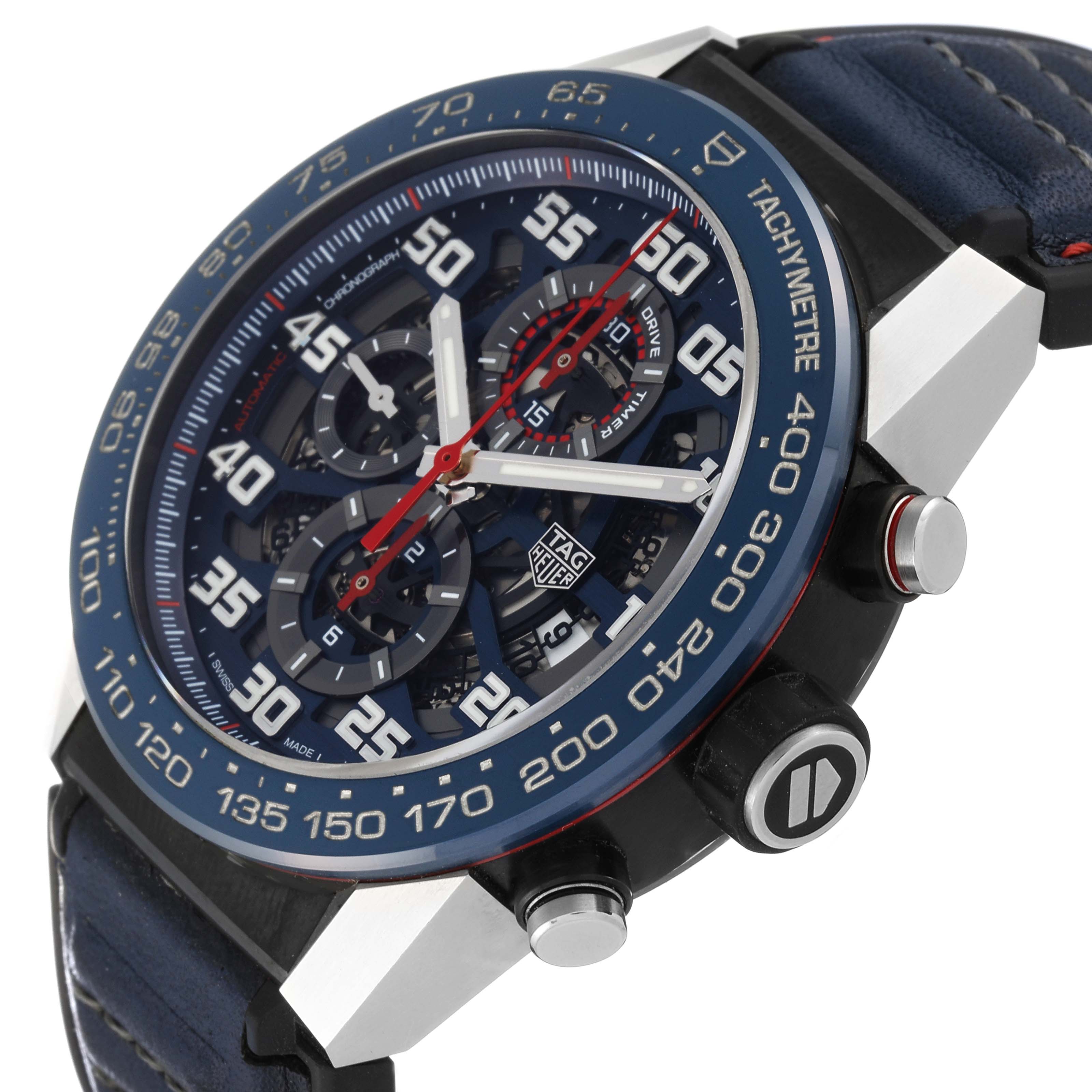 The Tag Heuer Carrera CAR2A1N.FT6100 Men's Stainless Steel Blue Dial CAR2A1N.FT6100 Men's Stainless Steel Blue Dial watch is shown from an angled side view, highlighting its dial, tachymeter, and buttons.
