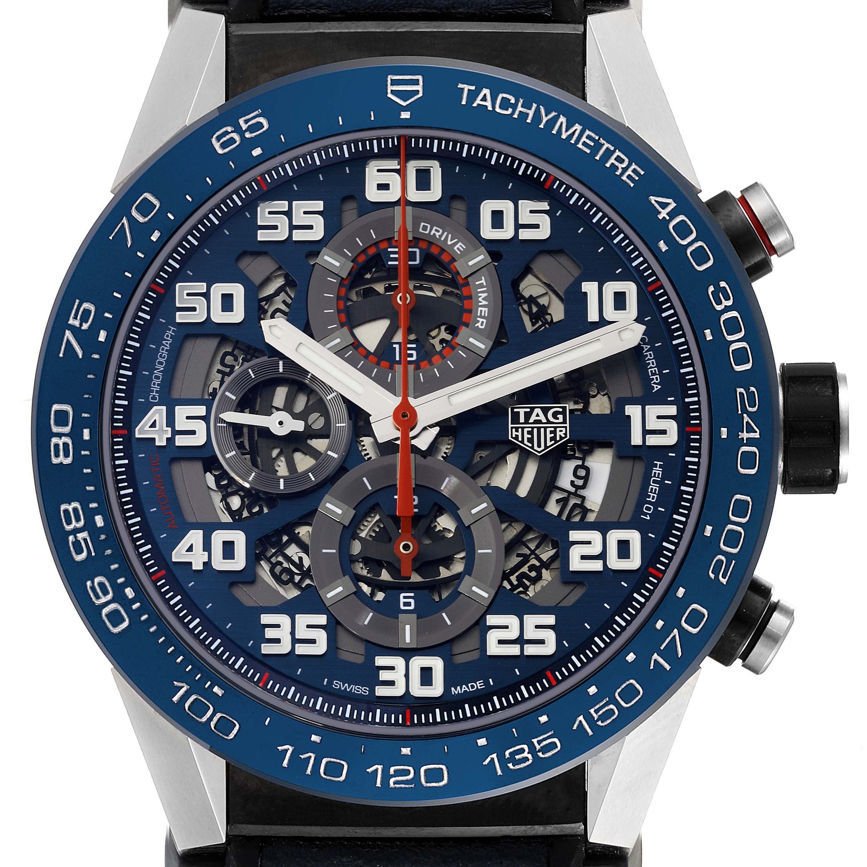 The image shows a close-up view of the dial and bezel of the Tag Heuer Carrera CAR2A1N.FT6100 Men's Stainless Steel Blue Dial CAR2A1N.FT6100 Men's Stainless Steel Blue Dial watch, highlighting the tachymeter scale and chronograph functions.