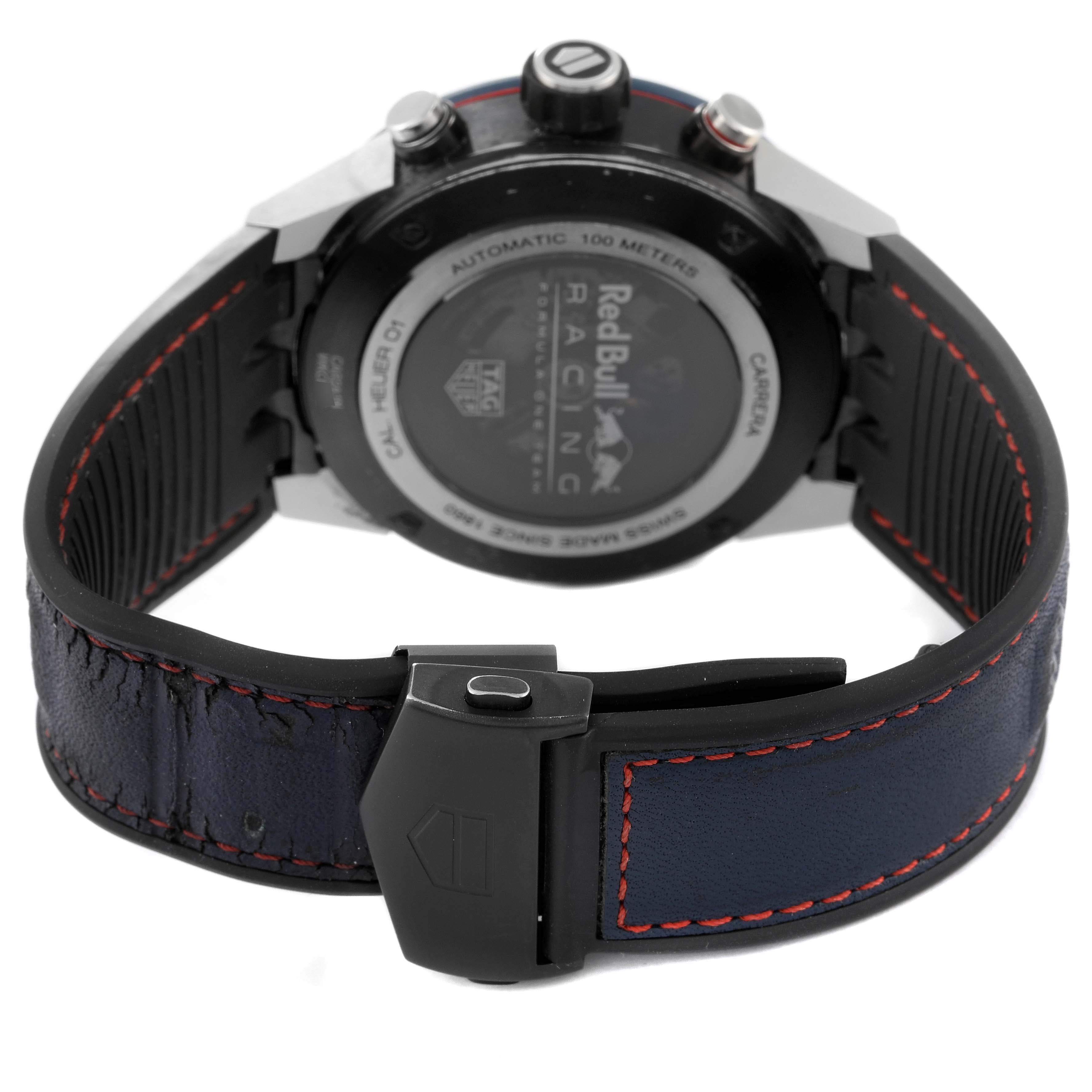 This image shows the back and clasp of the Tag Heuer Carrera CAR2A1N.FT6100 Men's Stainless Steel Blue Dial CAR2A1N.FT6100 Men's Stainless Steel Blue Dial Red Bull Racing watch, featuring the case back and strap.