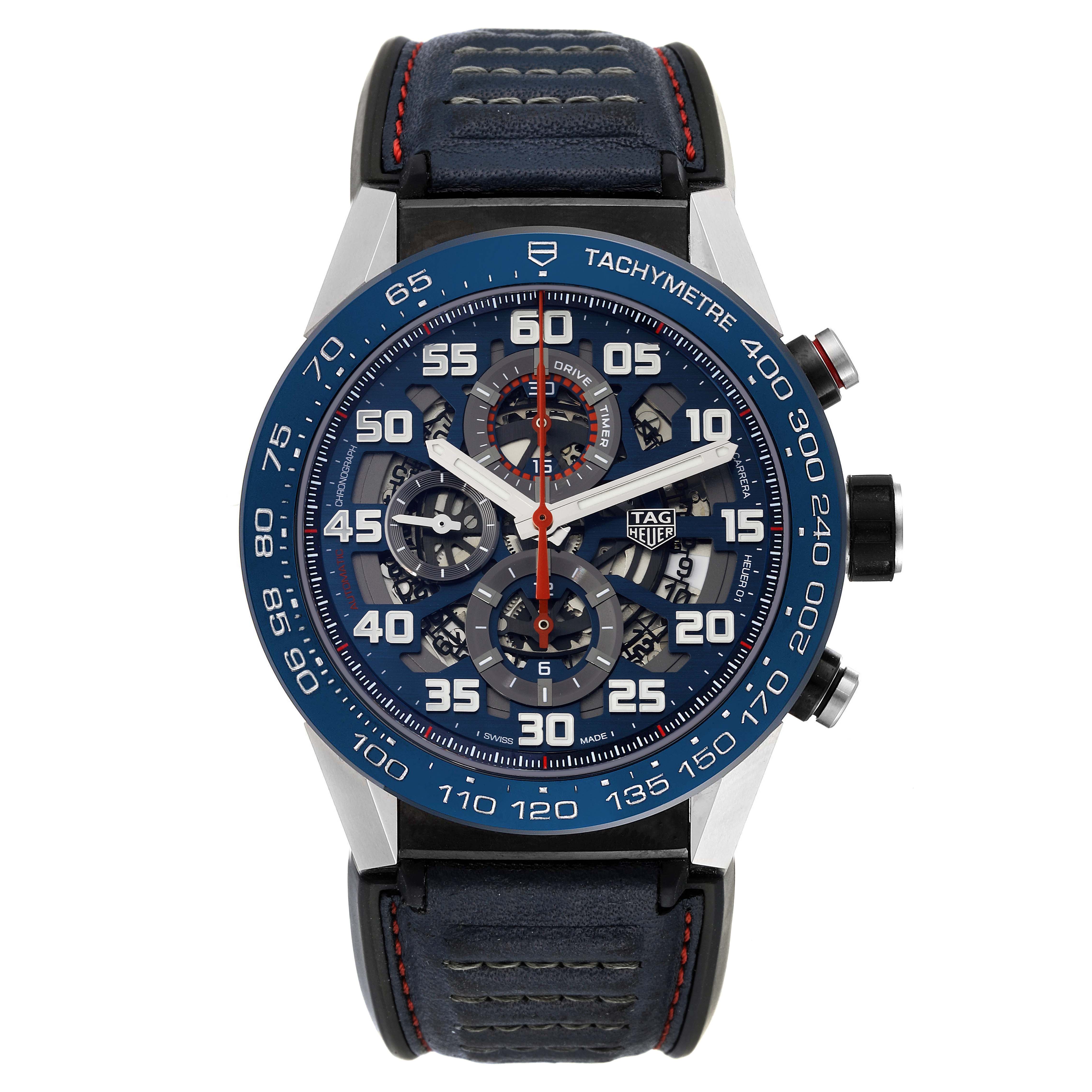 This is a front view of a Tag Heuer Carrera CAR2A1N.FT6100 Men's Stainless Steel Blue Dial CAR2A1N.FT6100 Men's Stainless Steel Blue Dial watch showing the dial, bezel, and strap.