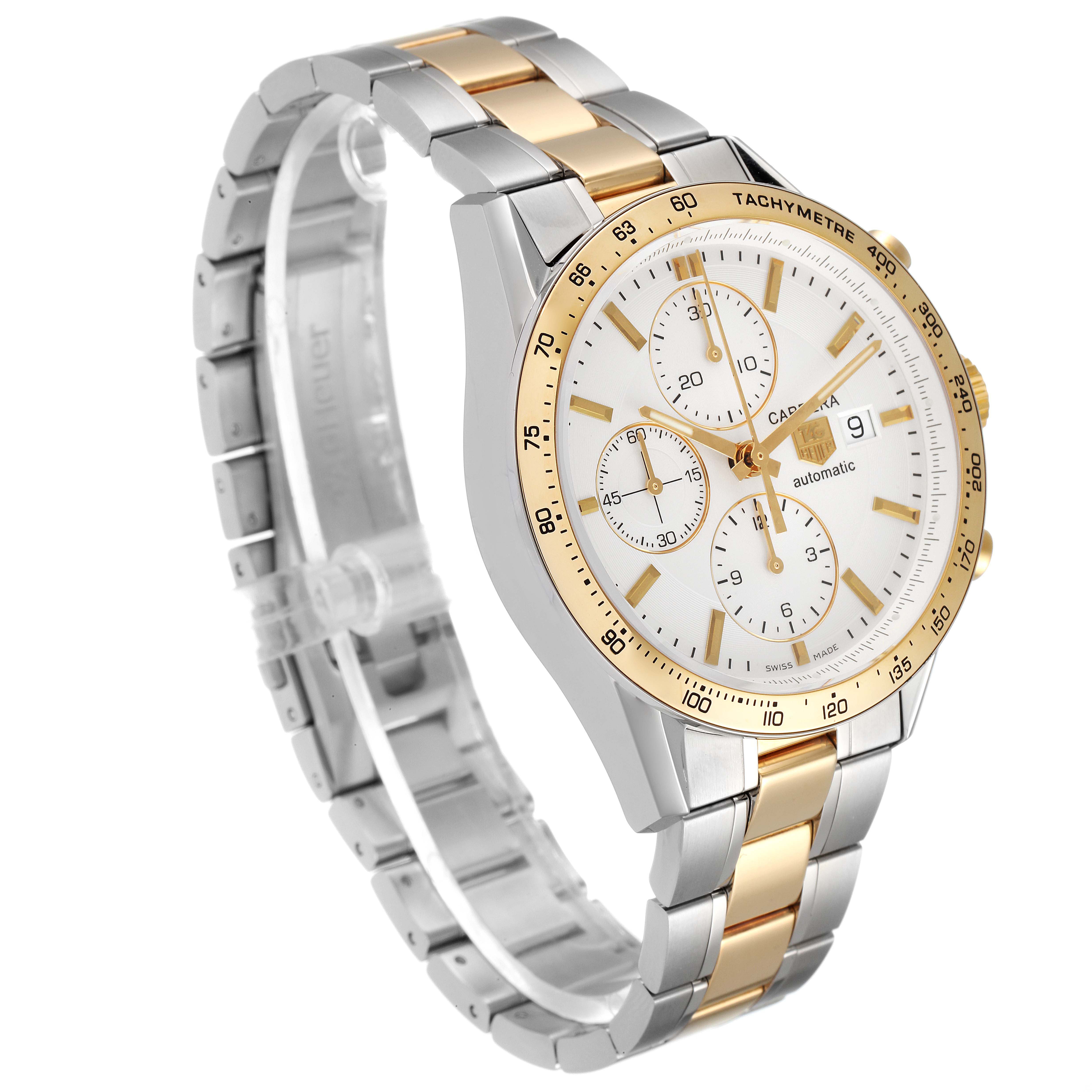 The Tag Heuer Carrera CV2050.BD0789 Men's Steel and Gold (two tone) Silver Dial CV2050.BD0789 Men's Steel and Gold (two tone) Silver Dial watch is shown at a slightly angled view, highlighting its gold and silver strap, dial, and tachymeter bezel.