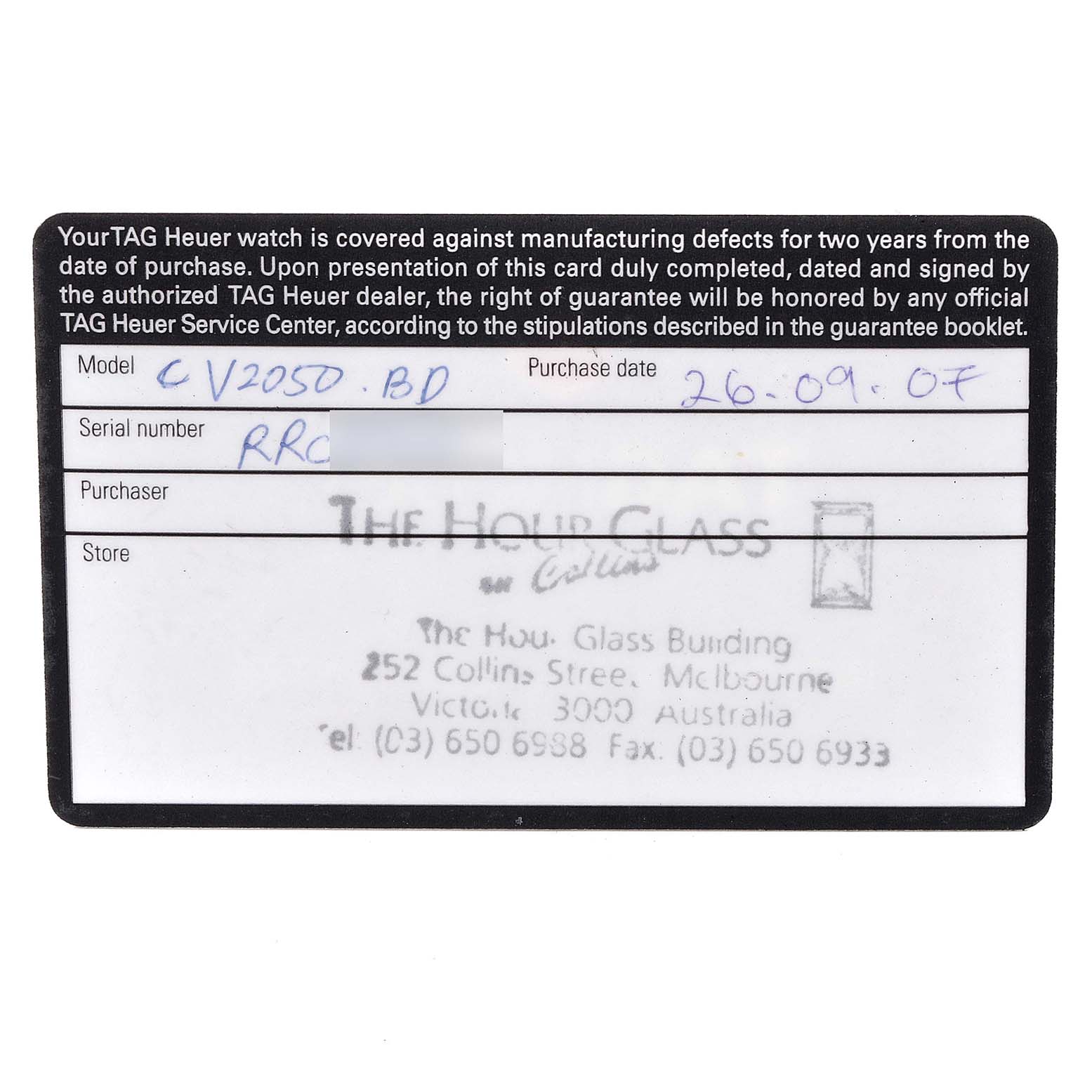 The image shows a warranty card for a Tag Heuer Carrera CV2050.BD0789 Men's Steel and Gold (two tone) Silver Dial CV2050.BD0789 Men's Steel and Gold (two tone) Silver Dial model CV2050.BD watch, including serial number, purchase date, purchaser, and store details.
