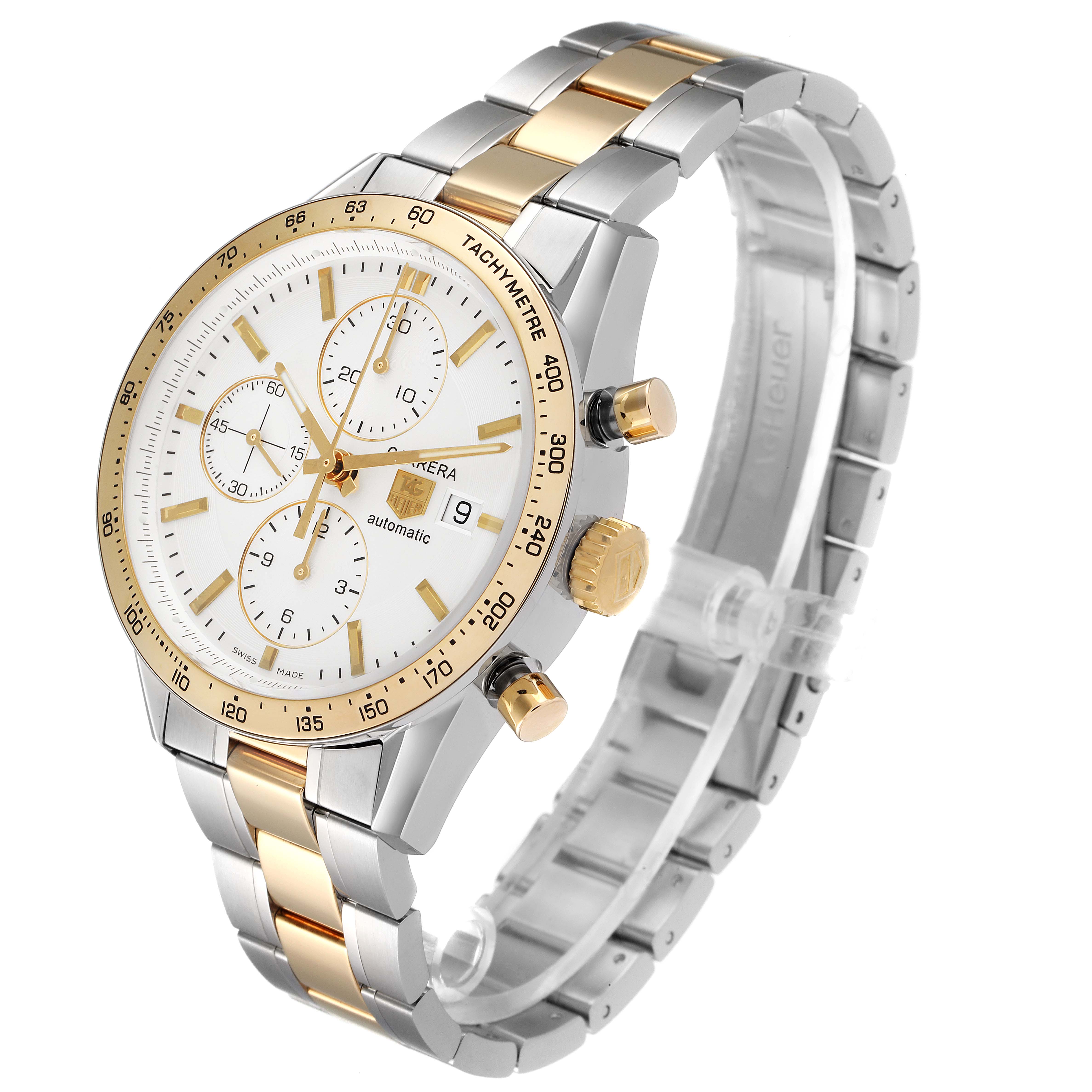 The image shows a Tag Heuer Carrera CV2050.BD0789 Men's Steel and Gold (two tone) Silver Dial CV2050.BD0789 Men's Steel and Gold (two tone) Silver Dial watch at an oblique angle, highlighting its stainless steel and gold bracelet, bezel, and face.