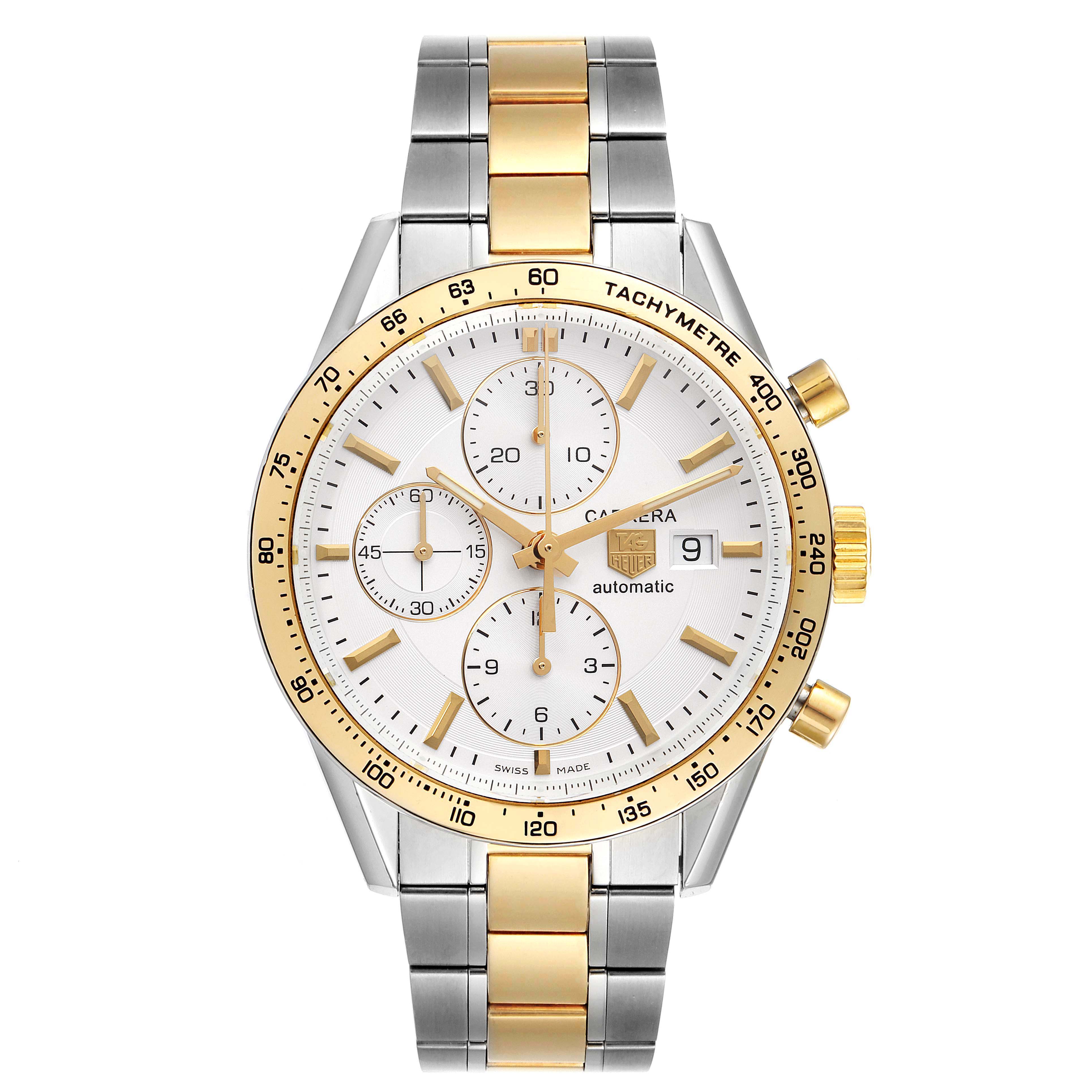 The image shows a front view of a Tag Heuer Carrera CV2050.BD0789 Men's Steel and Gold (two tone) Silver Dial CV2050.BD0789 Men's Steel and Gold (two tone) Silver Dial watch with a white dial and gold and silver metal bracelet.