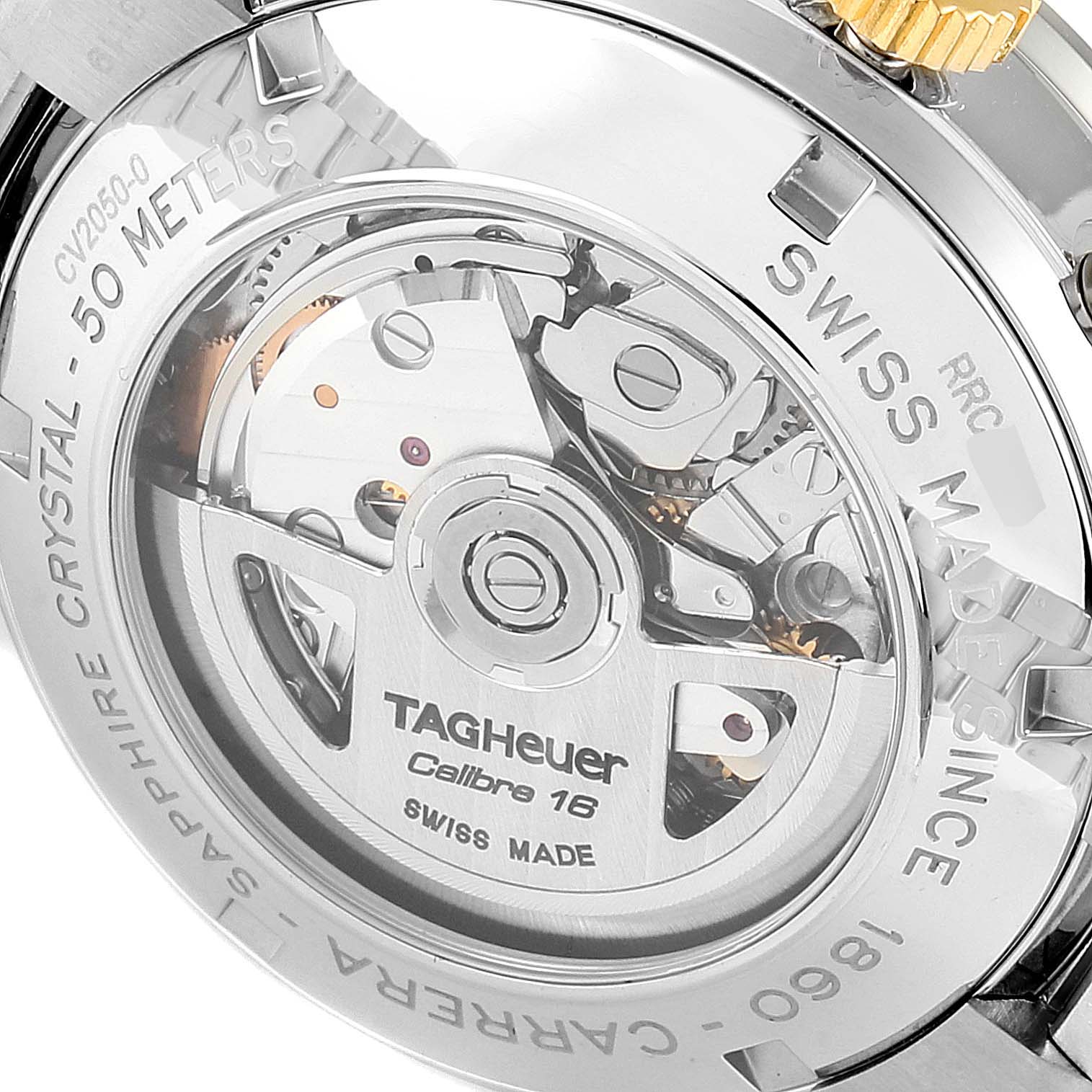 The image shows the back view of a Tag Heuer Carrera CV2050.BD0789 Men's Steel and Gold (two tone) Silver Dial CV2050.BD0789 Men's Steel and Gold (two tone) Silver Dial watch, highlighting the Calibre 16 movement and the sapphire crystal case back.