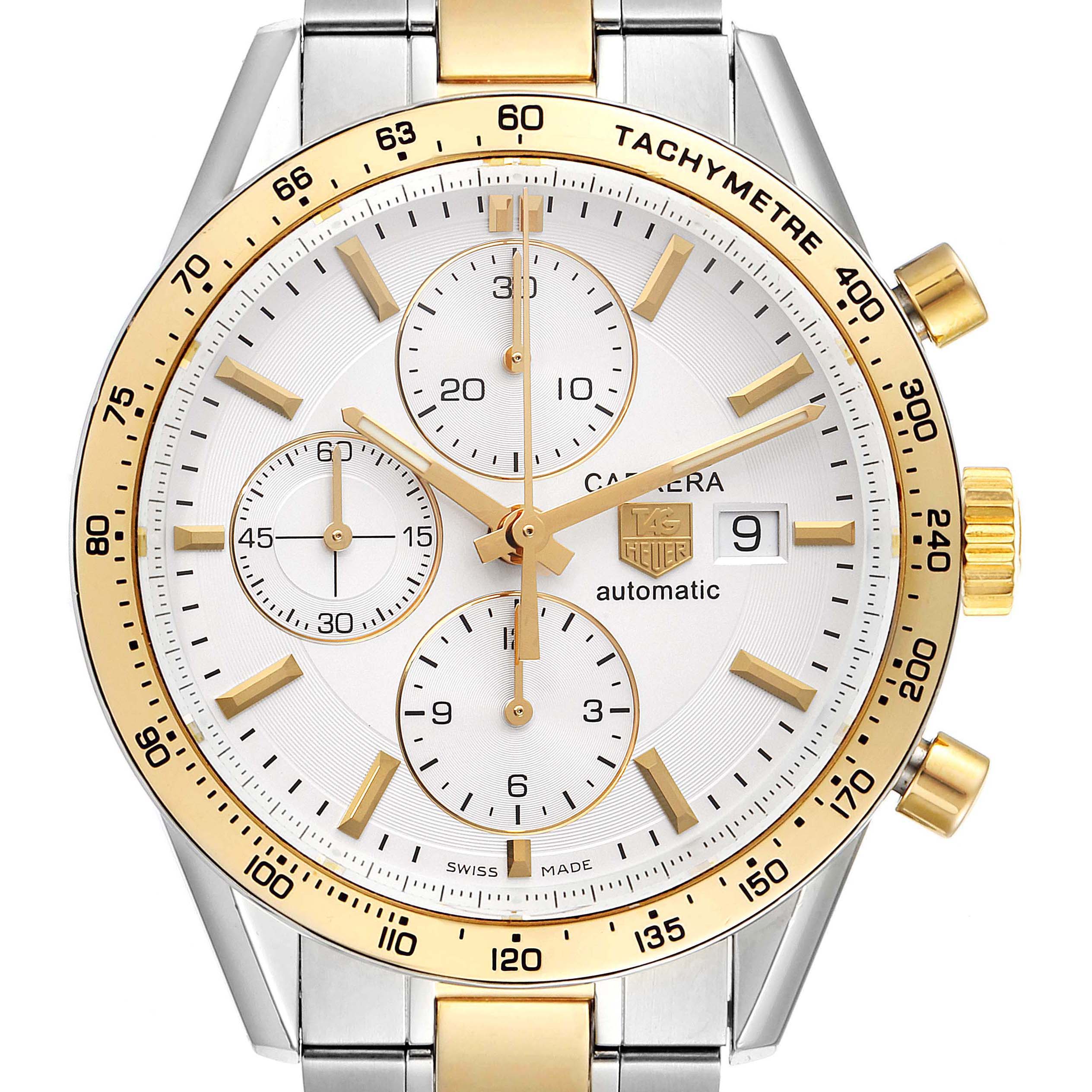 The image shows a frontal view of a Tag Heuer Carrera CV2050.BD0789 Men's Steel and Gold (two tone) Silver Dial CV2050.BD0789 Men's Steel and Gold (two tone) Silver Dial watch featuring a gold tachymeter bezel and chronograph sub-dials.