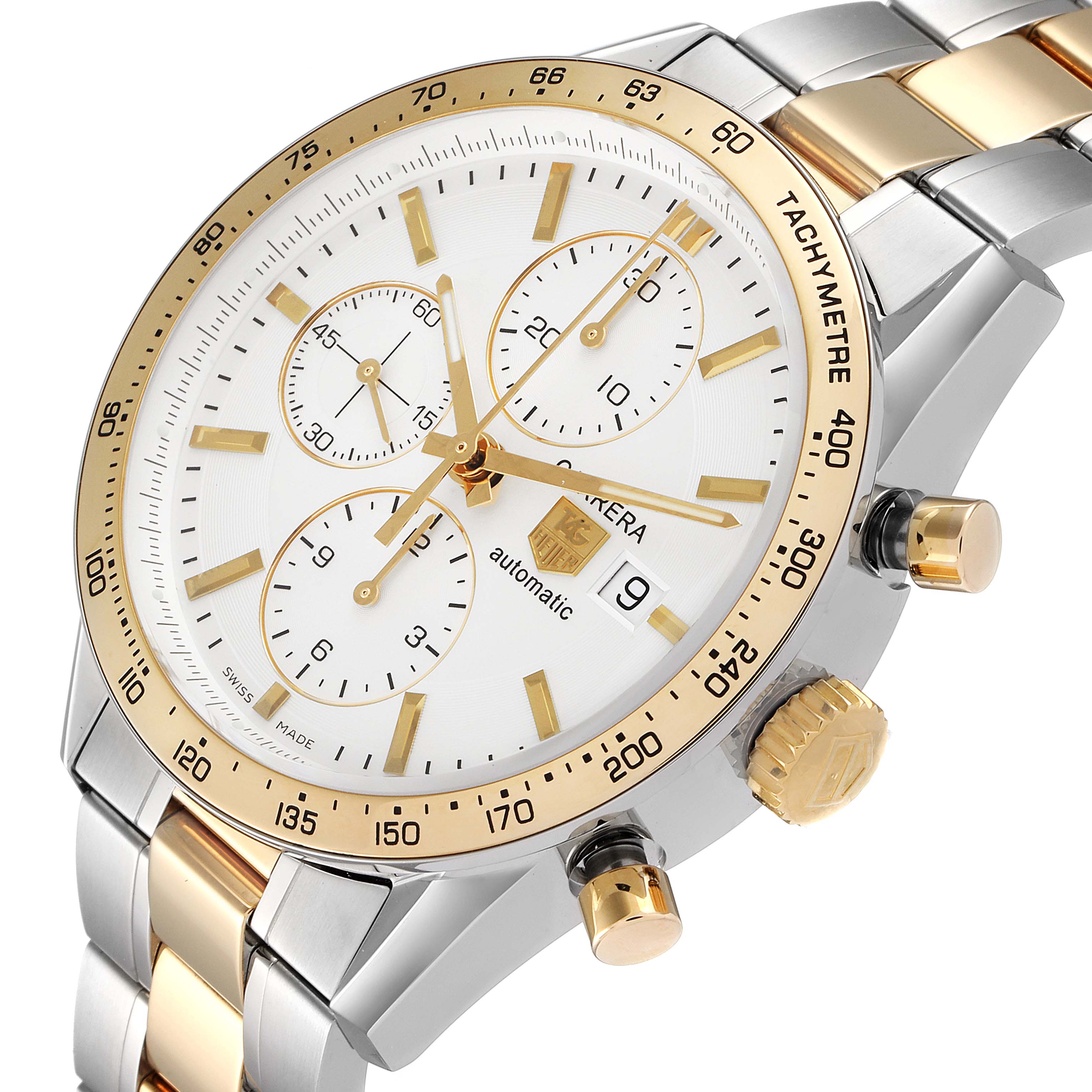 This image shows a Tag Heuer Carrera CV2050.BD0789 Men's Steel and Gold (two tone) Silver Dial CV2050.BD0789 Men's Steel and Gold (two tone) Silver Dial watch at a side angle, displaying the face, bezel, and part of the bracelet.
