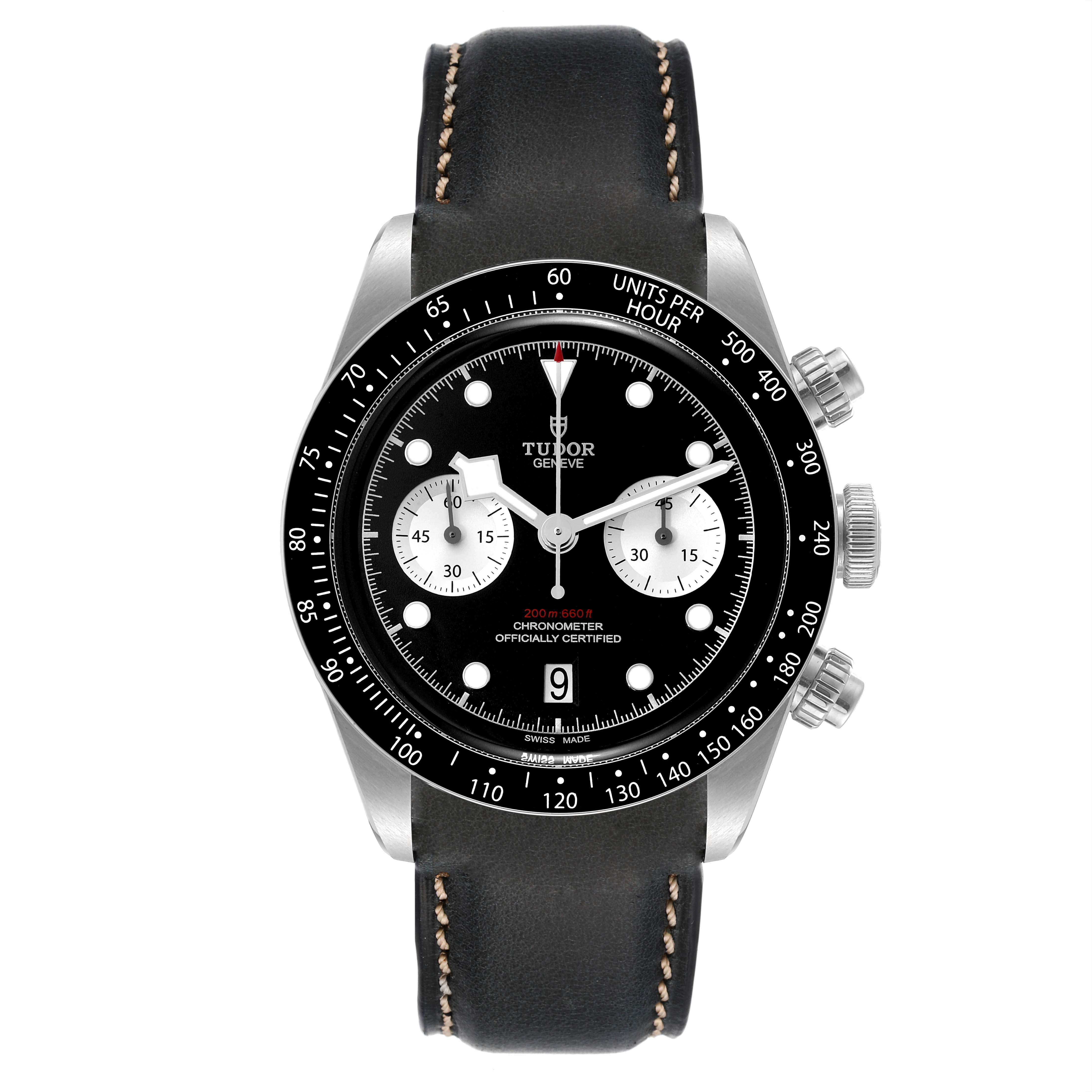 This is a front view of the Tudor Heritage Black Bay 79360N Men's Stainless Steel Black Dial 79360N Men's Stainless Steel Black Dial watch, showing the dial, bezel, crown, pushers, and leather strap.