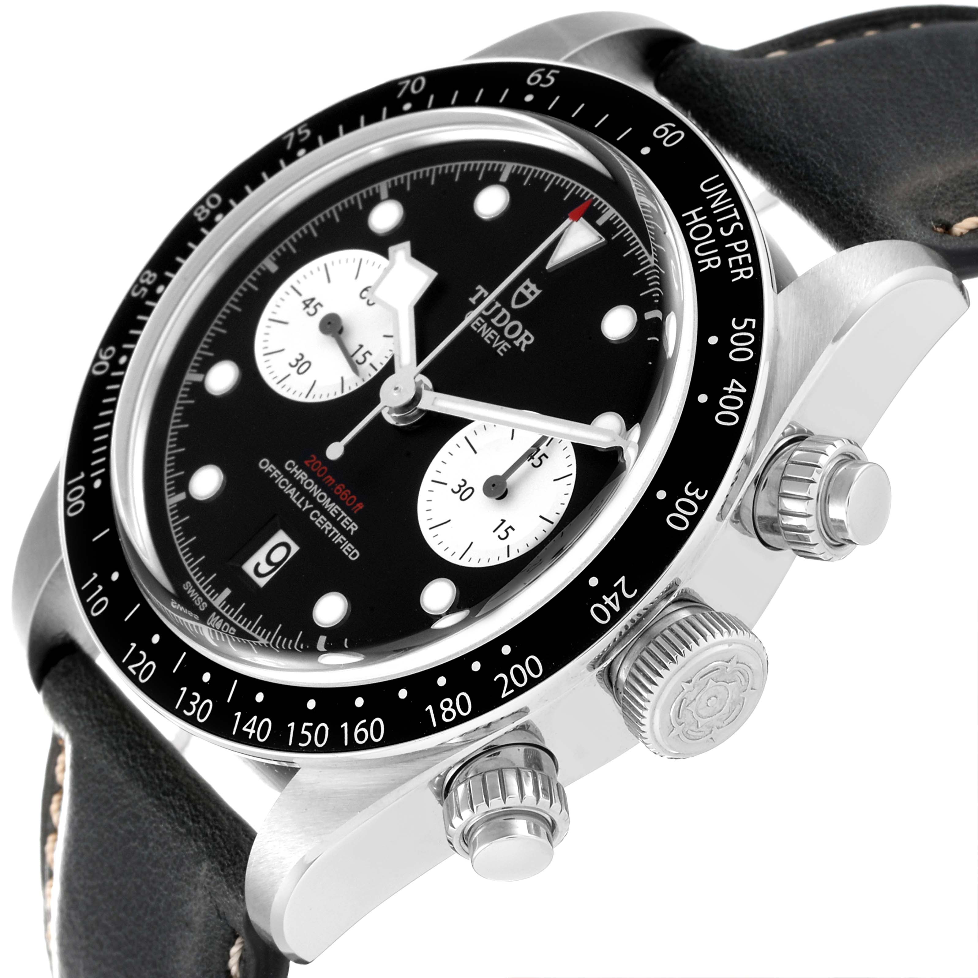 The image showcases a Tudor Heritage Black Bay 79360N Men's Stainless Steel Black Dial 79360N Men's Stainless Steel Black Dial watch from an oblique angle, highlighting the dial, bezel, and crown in detail.