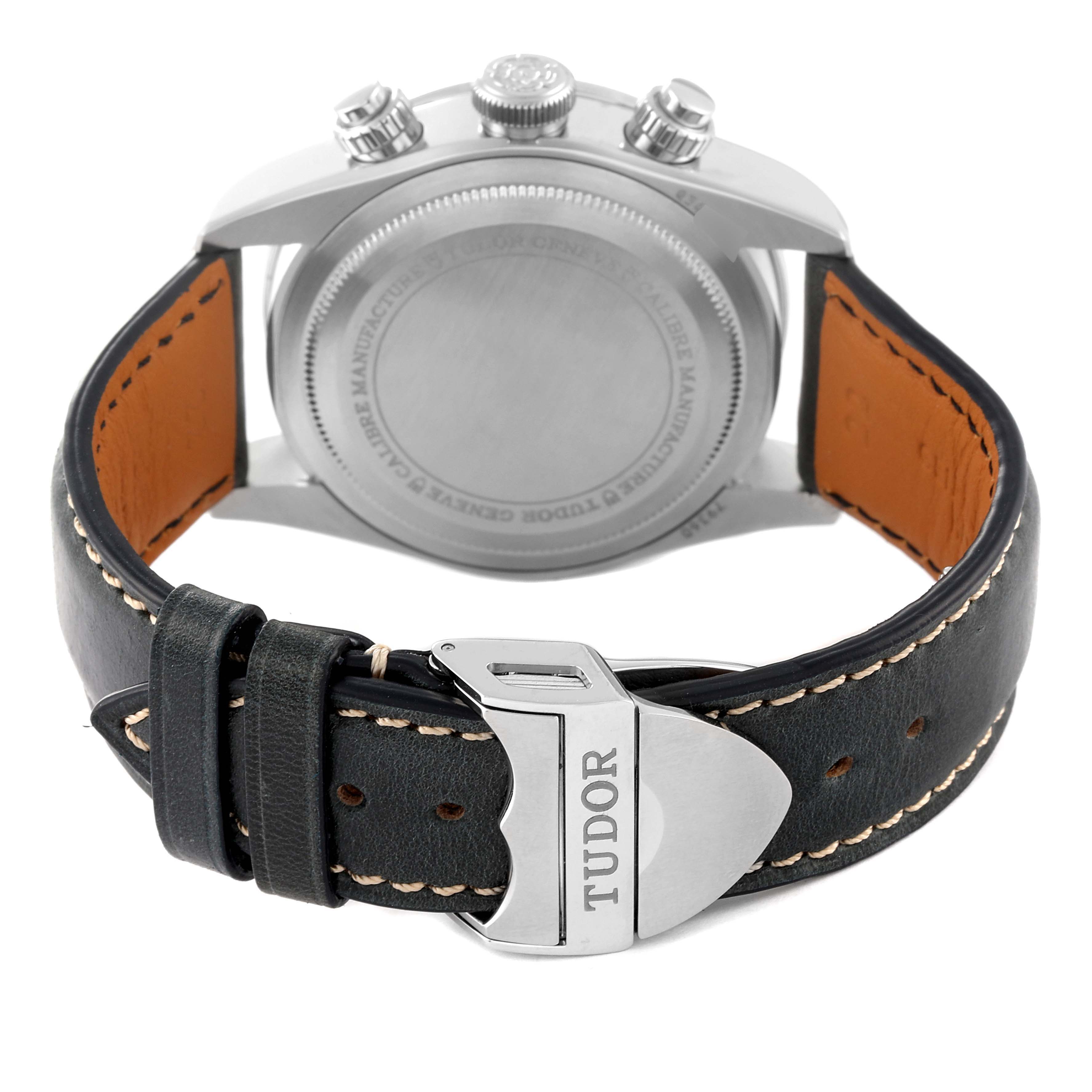 This image shows the back case and leather strap with a metal clasp, displaying the "Tudor" logo of the Tudor Heritage Black Bay 79360N Men's Stainless Steel Black Dial 79360N Men's Stainless Steel Black Dial watch.