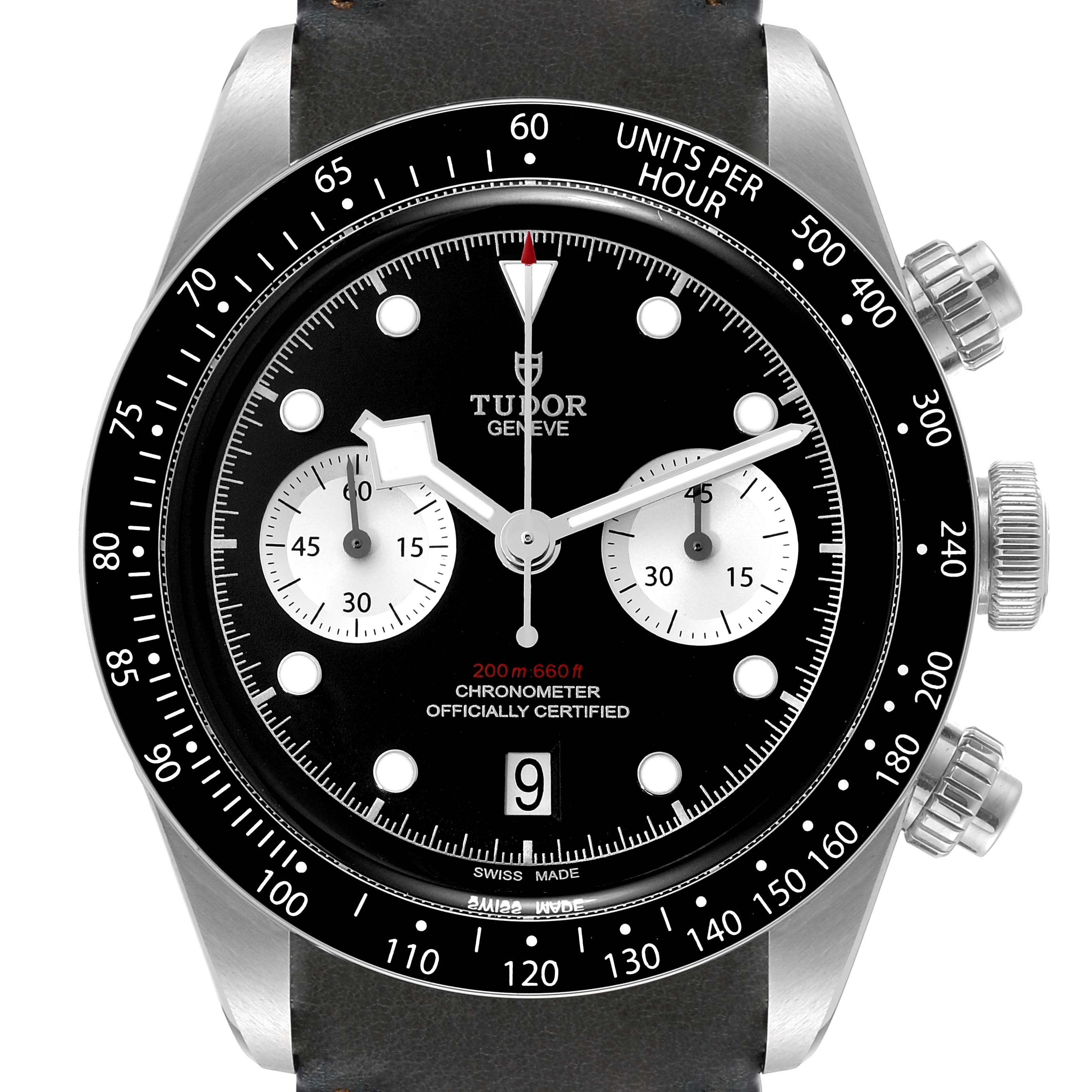This image shows a front view of the Tudor Heritage Black Bay 79360N Men's Stainless Steel Black Dial 79360N Men's Stainless Steel Black Dial watch, highlighting the bezel, dial, chronograph subdials, and date window.