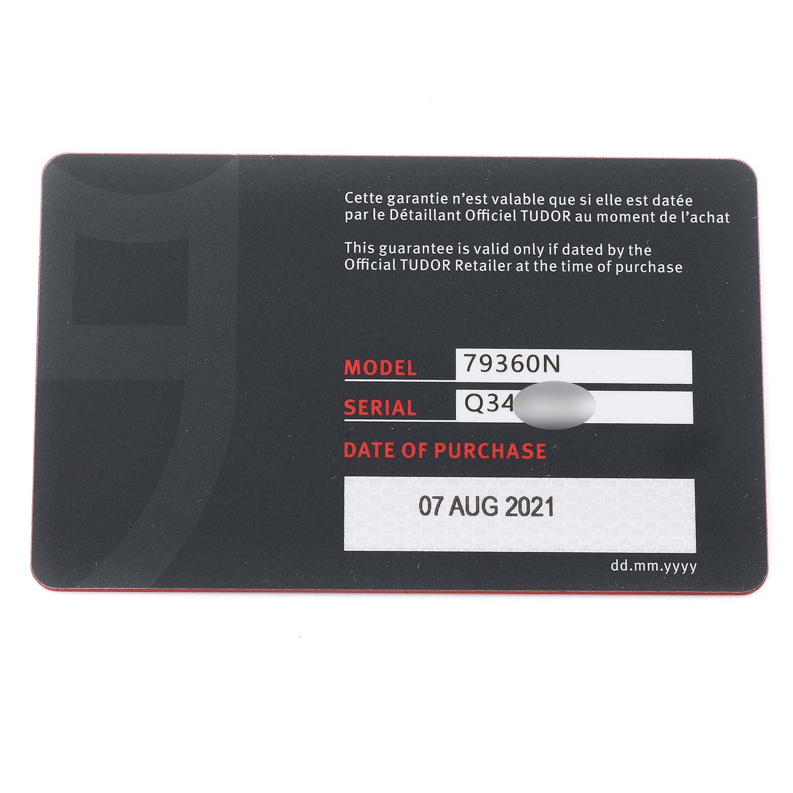 This image shows a guarantee card for a Tudor Heritage Black Bay 79360N Men's Stainless Steel Black Dial 79360N Men's Stainless Steel Black Dial watch, model 79360N, purchased on 07 AUG 2021.