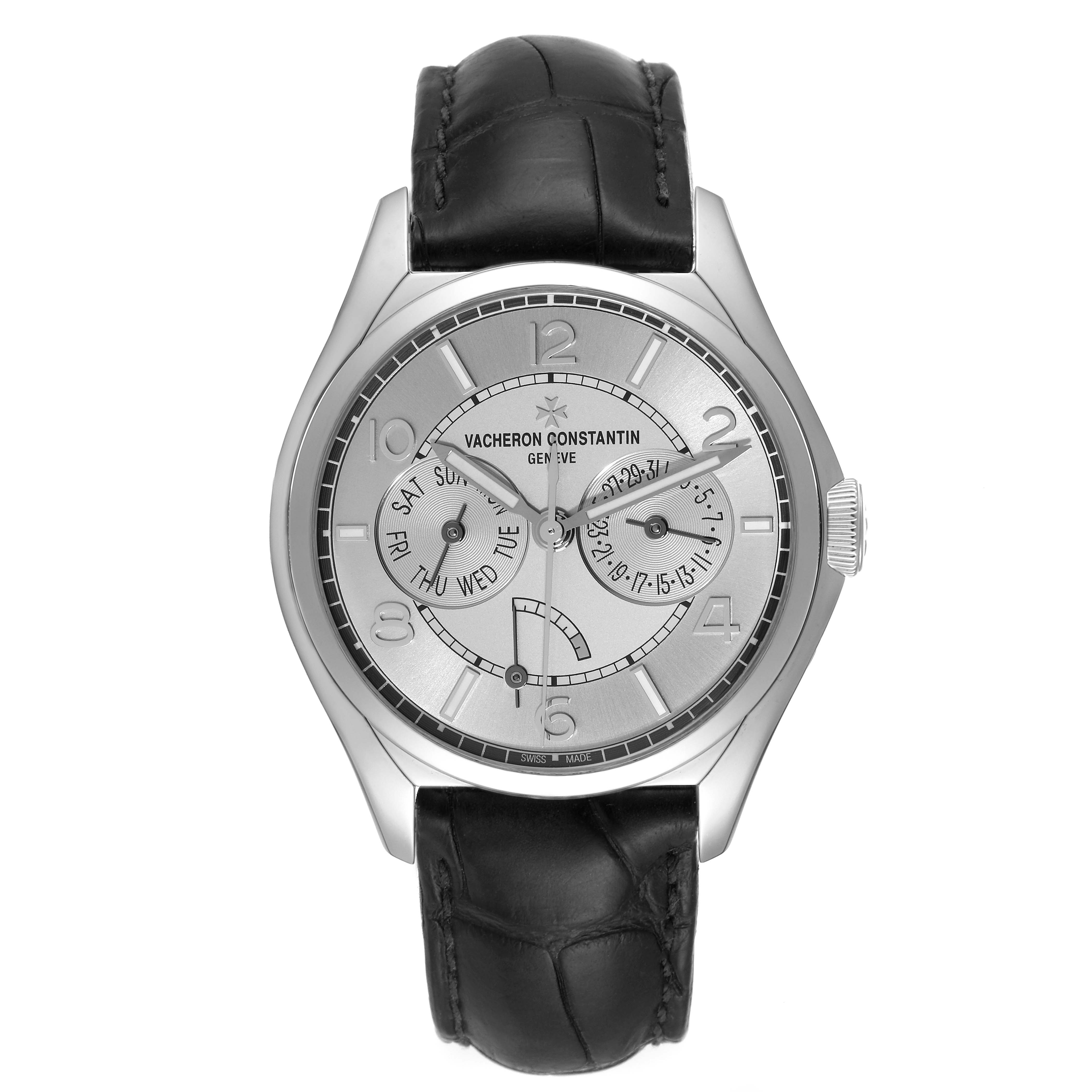 The Vacheron Constantin Fiftysix 4400E/000A-B437 Men's Stainless Steel Silver Dial 4400E/000A-B437 Men's Stainless Steel Silver Dial watch is shown from a top-down angle, highlighting its dial and black leather strap.