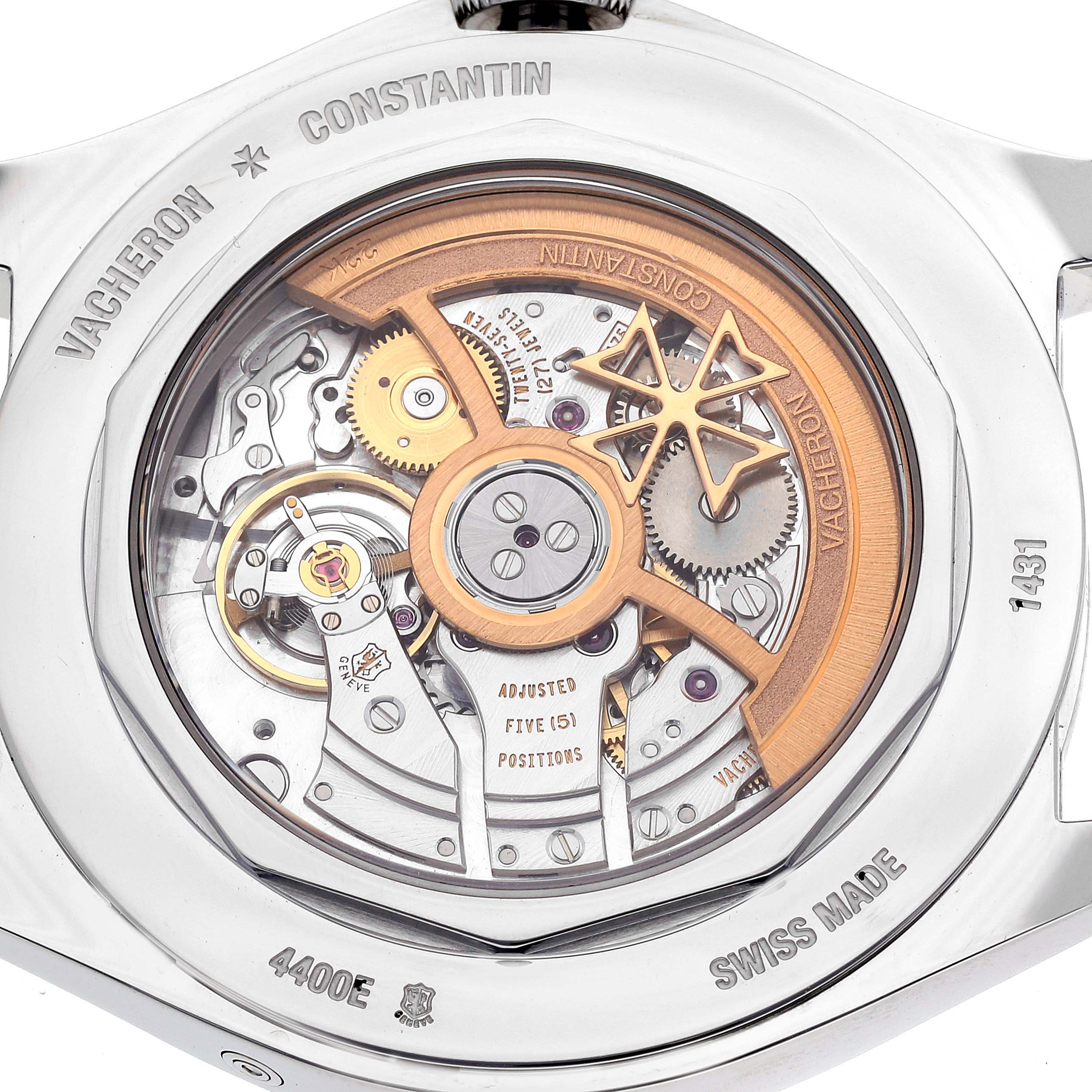 The image shows the back view of the Vacheron Constantin Fiftysix 4400E/000A-B437 Men's Stainless Steel Silver Dial 4400E/000A-B437 Men's Stainless Steel Silver Dial watch, highlighting its intricate movement.