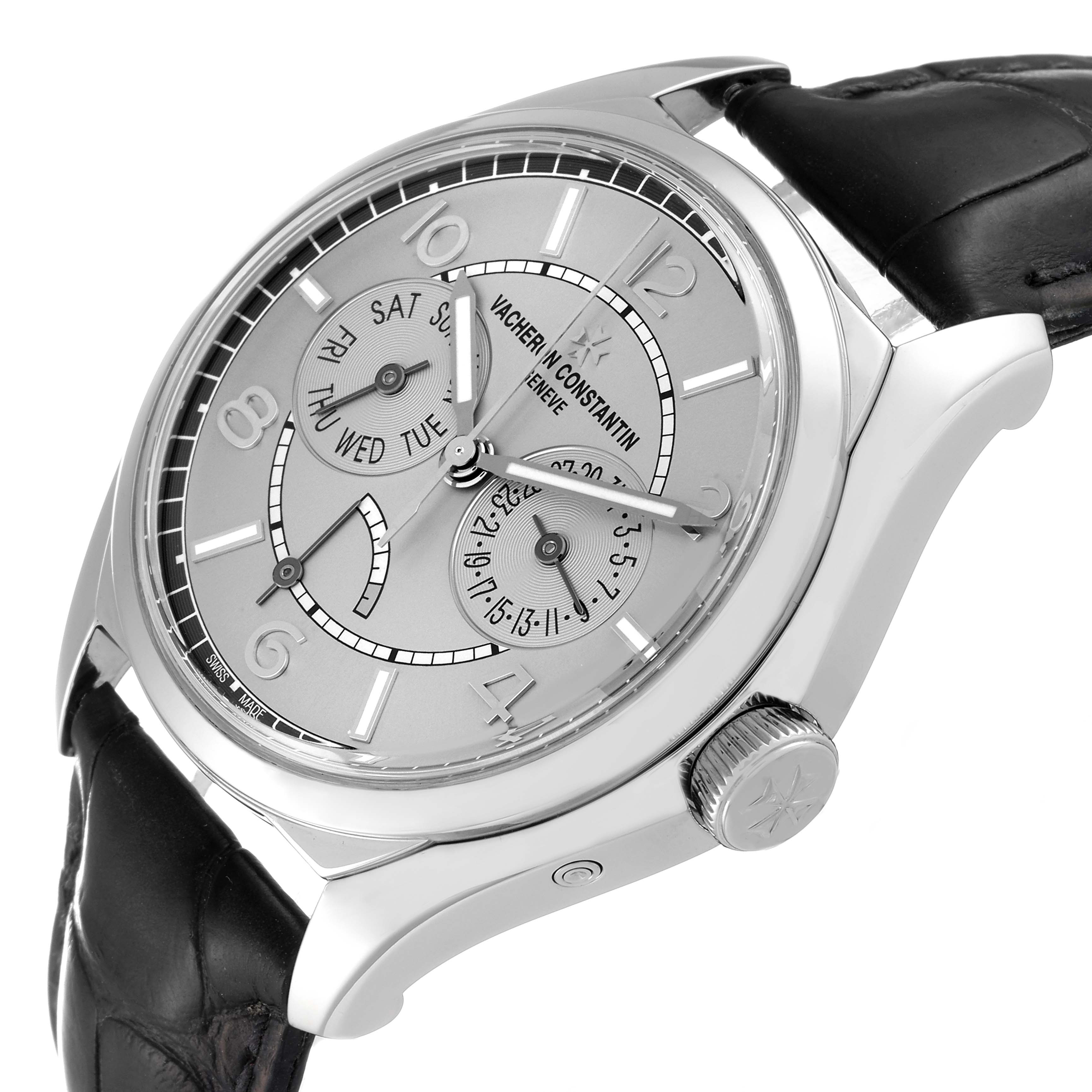 The image shows a Vacheron Constantin Fiftysix 4400E/000A-B437 Men's Stainless Steel Silver Dial 4400E/000A-B437 Men's Stainless Steel Silver Dial model watch at an angled side view, highlighting the dial, crown, and leather strap.