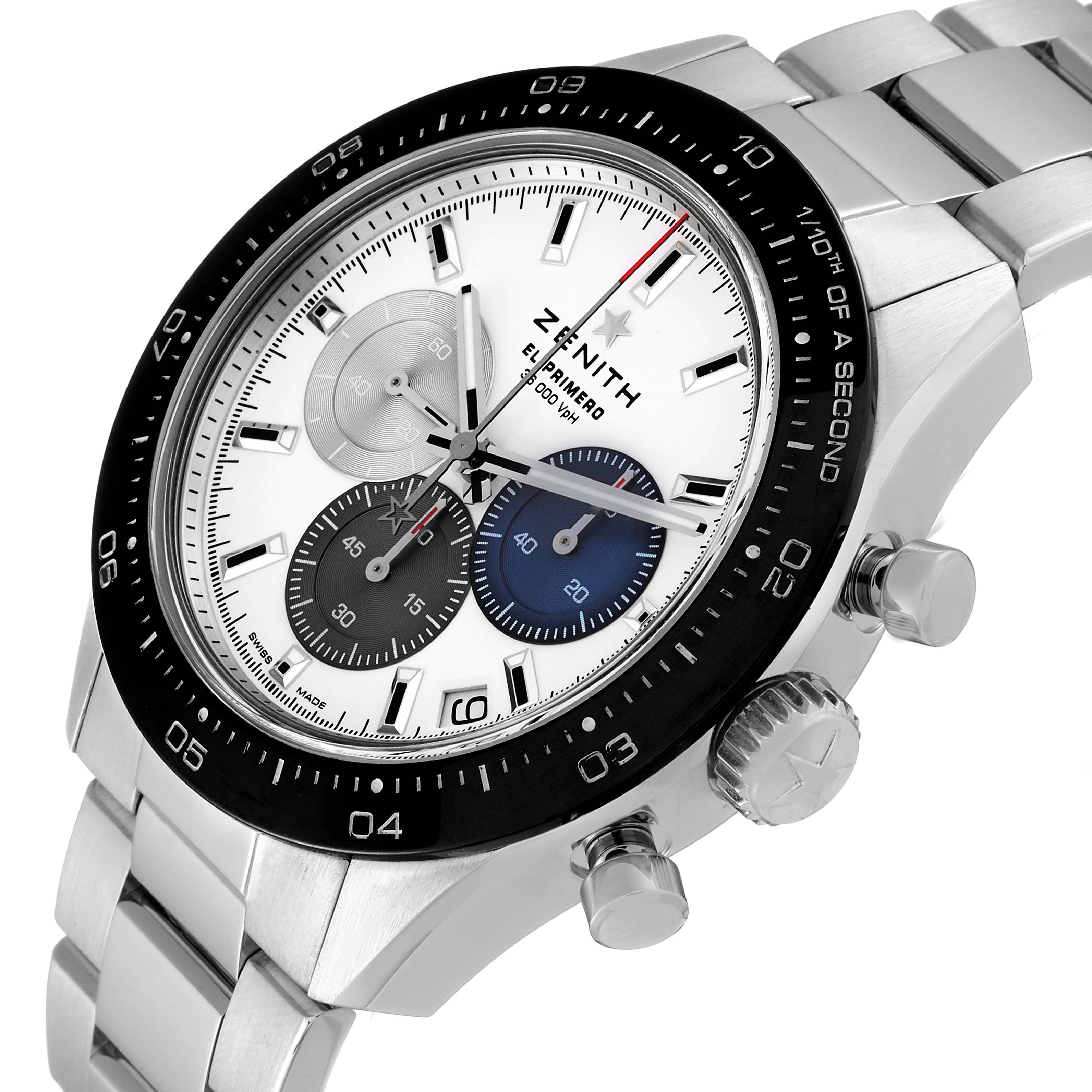 The image shows a Zenith Chronomaster 03.3100.3600 Men's Stainless Steel White Dial 03.3100.3600 Men's Stainless Steel White Dial watch at an angle displaying its bezel, dial, subdials, crown, and part of the bracelet.
