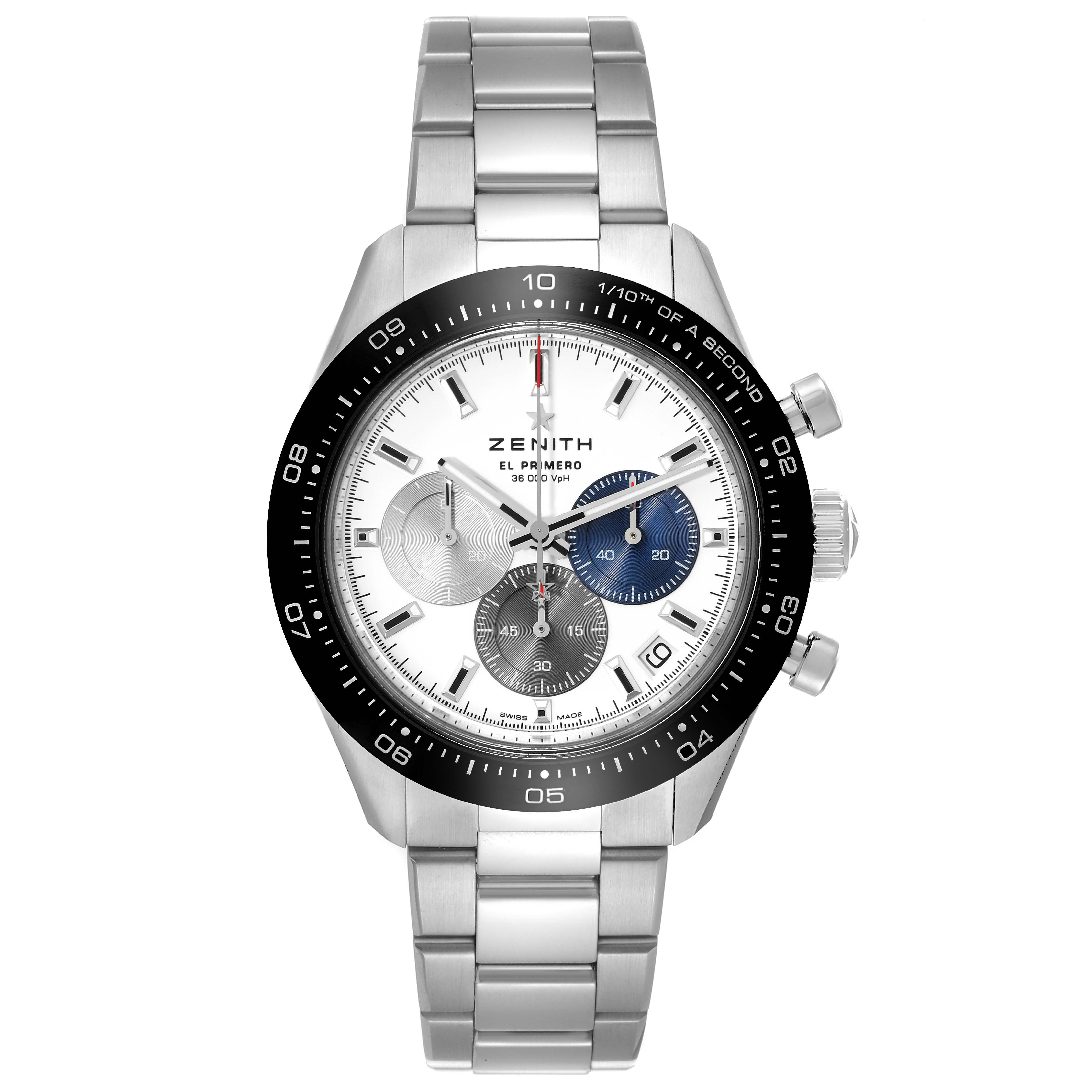 The image shows a front view of the Zenith Chronomaster 03.3100.3600 Men's Stainless Steel White Dial 03.3100.3600 Men's Stainless Steel White Dial watch, highlighting its face, bezel, chronograph subdials, and bracelet.