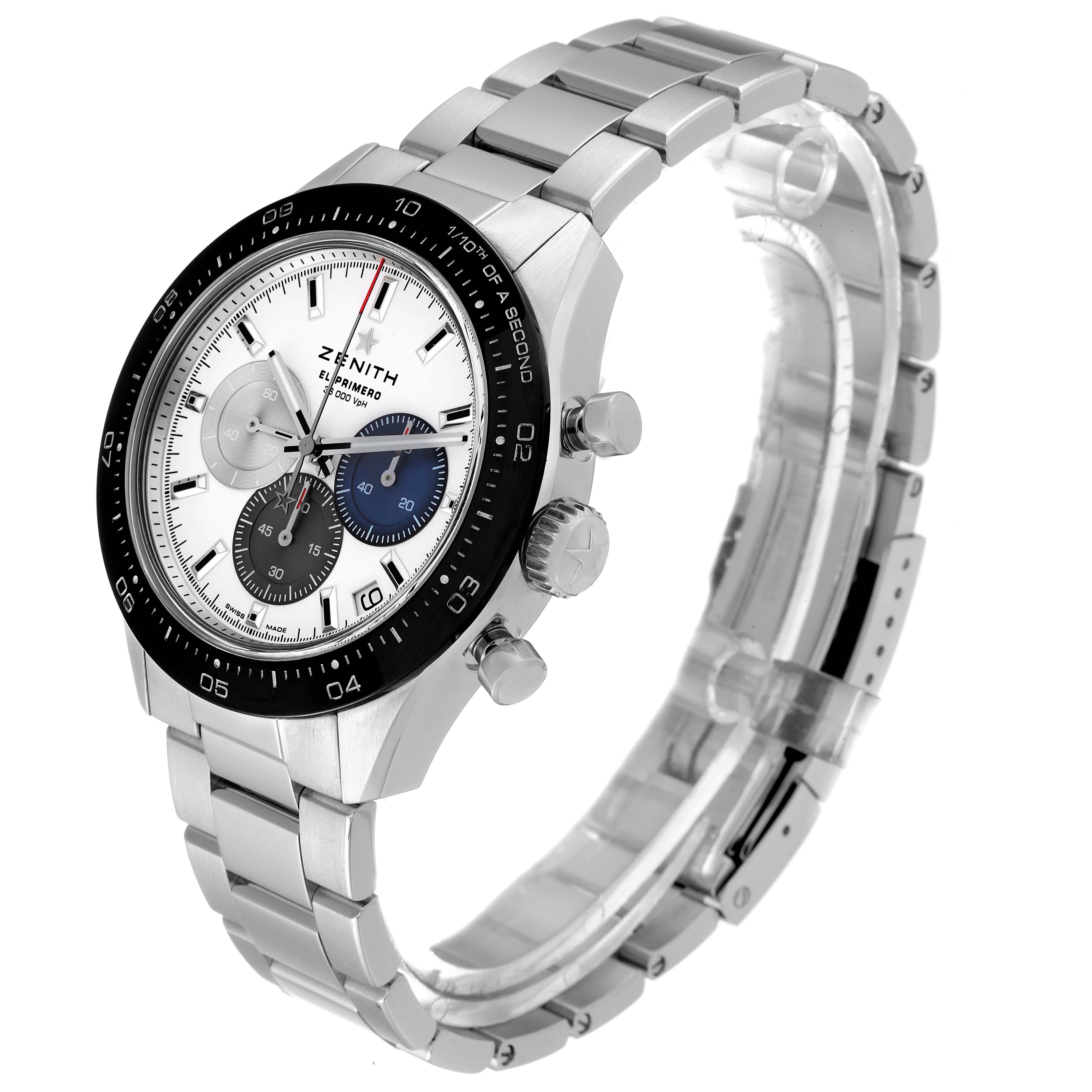 The image shows a side angle of a Zenith Chronomaster 03.3100.3600 Men's Stainless Steel White Dial 03.3100.3600 Men's Stainless Steel White Dial watch highlighting its stainless steel case, black bezel, and metal bracelet.