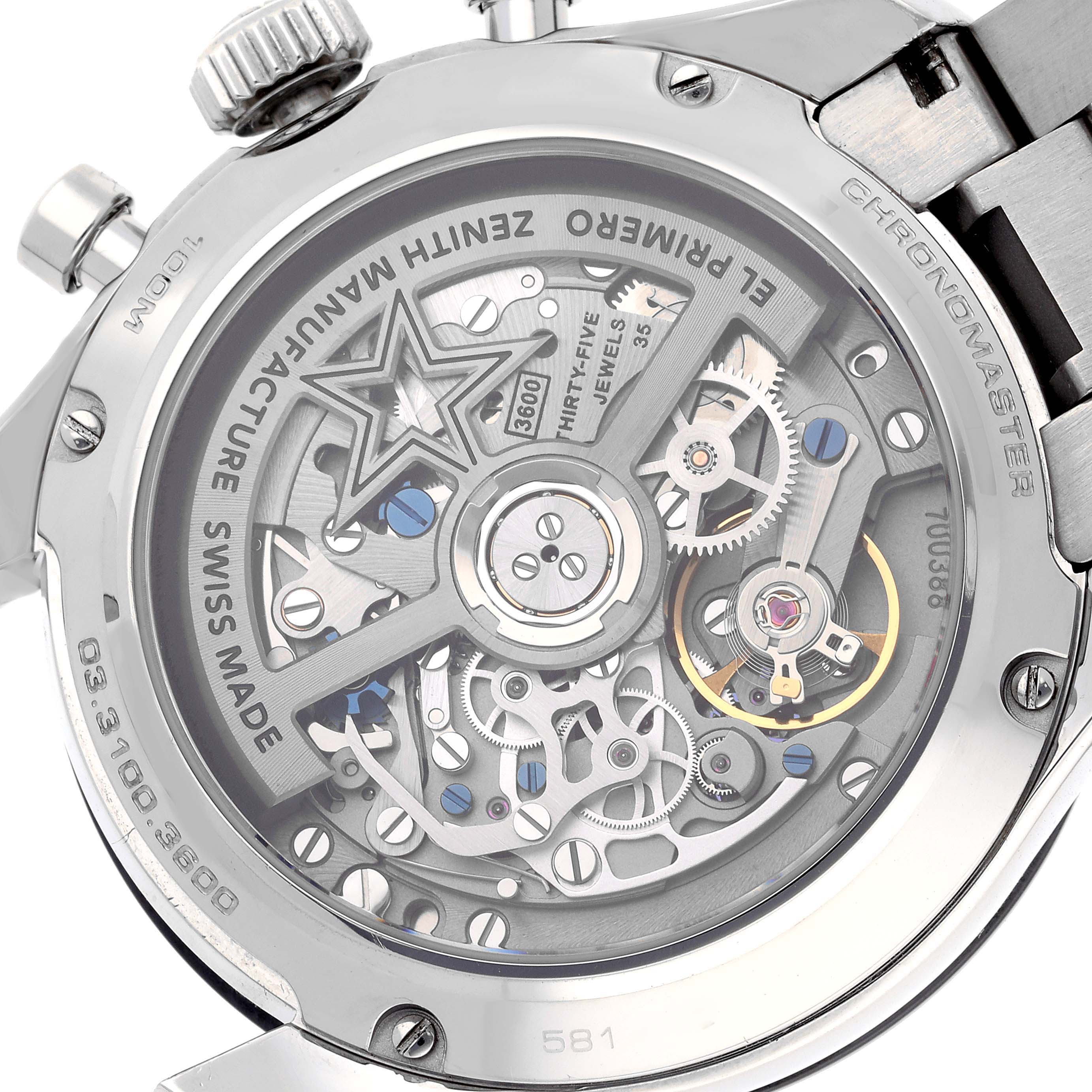 This image shows the back view of a Zenith Chronomaster 03.3100.3600 Men's Stainless Steel White Dial 03.3100.3600 Men's Stainless Steel White Dial watch, detailing its intricate movement and mechanical components.