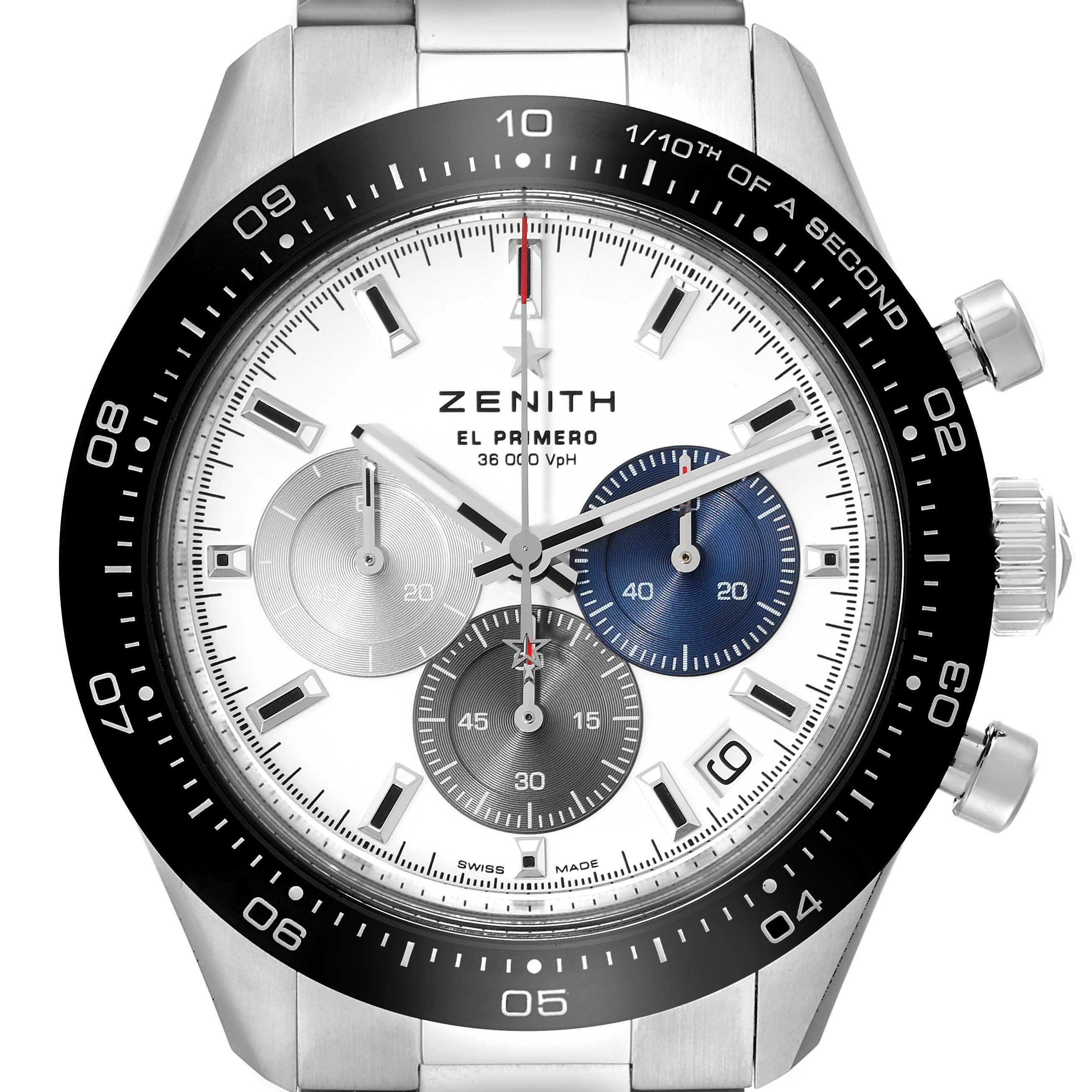 This Zenith Chronomaster 03.3100.3600 Men's Stainless Steel White Dial 03.3100.3600 Men's Stainless Steel White Dial watch is shown from a top, front angle, displaying its bezel, sub-dials, and crown.